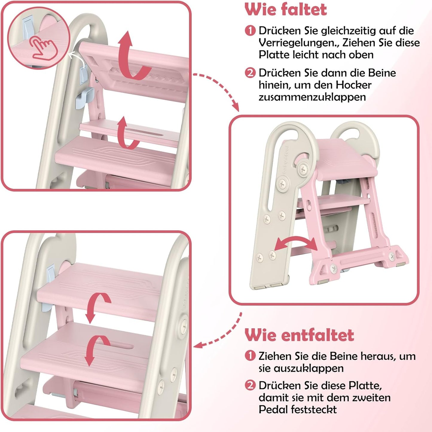 Höhenverstellbarer Tritthocker für Kinder, klappbar, Rosa