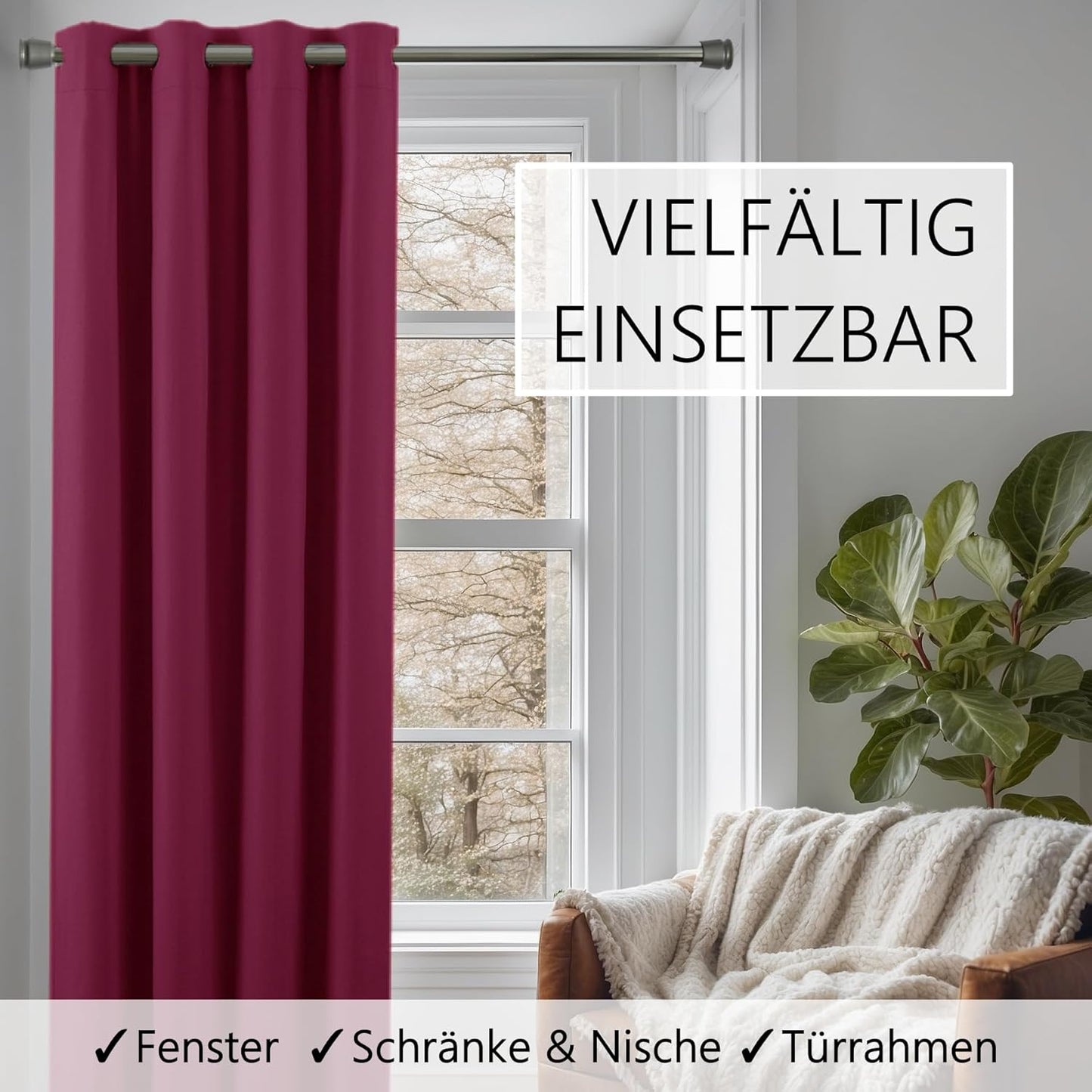 Türvorhang mit Teleskopstange, H200 x B150 cm (1er Pack) Türvorhang Bordeaux Rot + Stange Silber