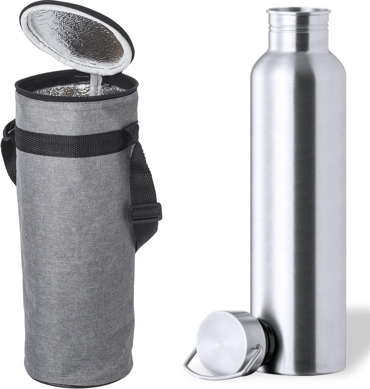 Kühltasche zum Umhängen mit Edelstahl-Isolierflasche (1,5 L), Grau mit Flasche
