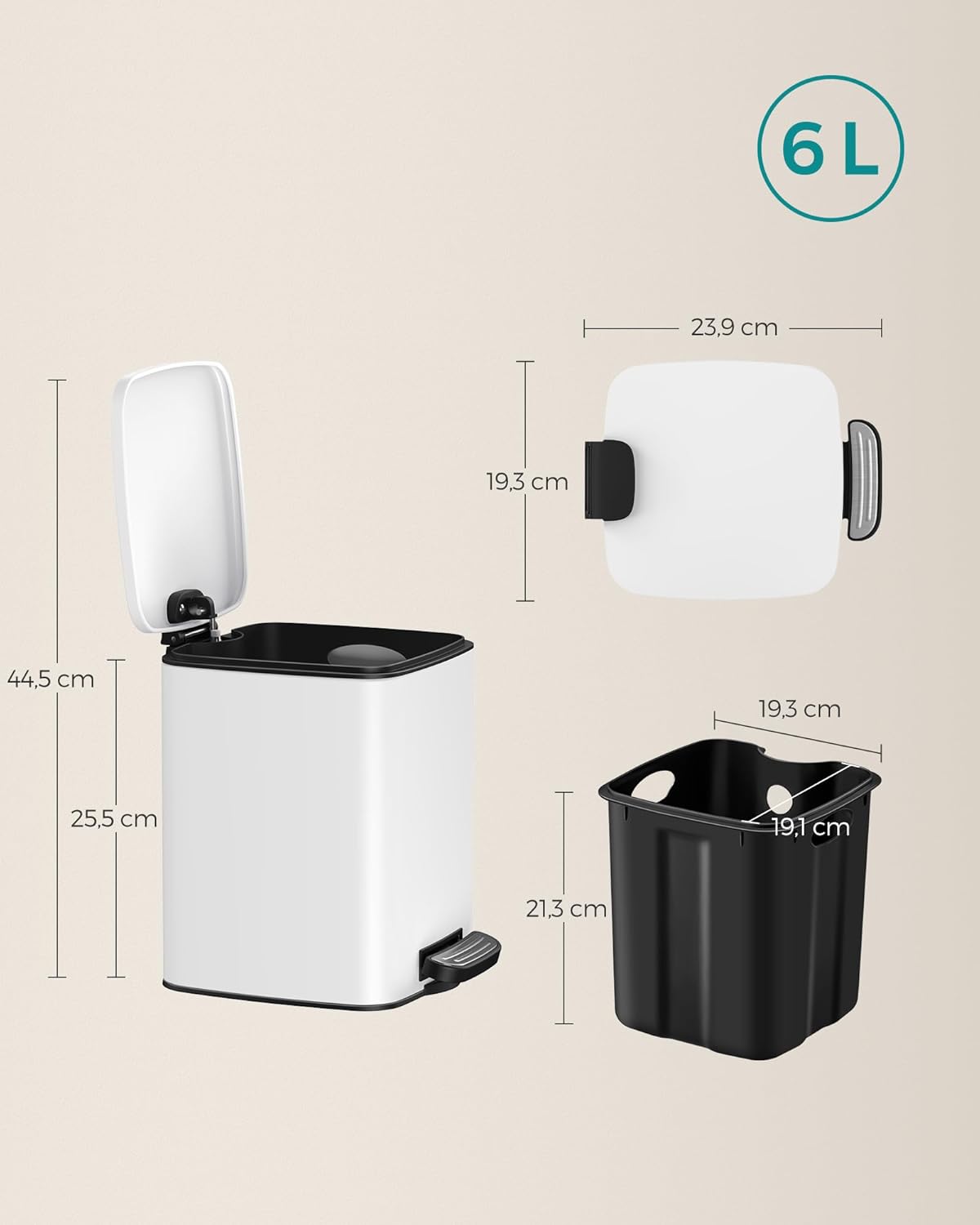 Kosmetikeimer mit Softclose und Pedal, Weiss 6 L
