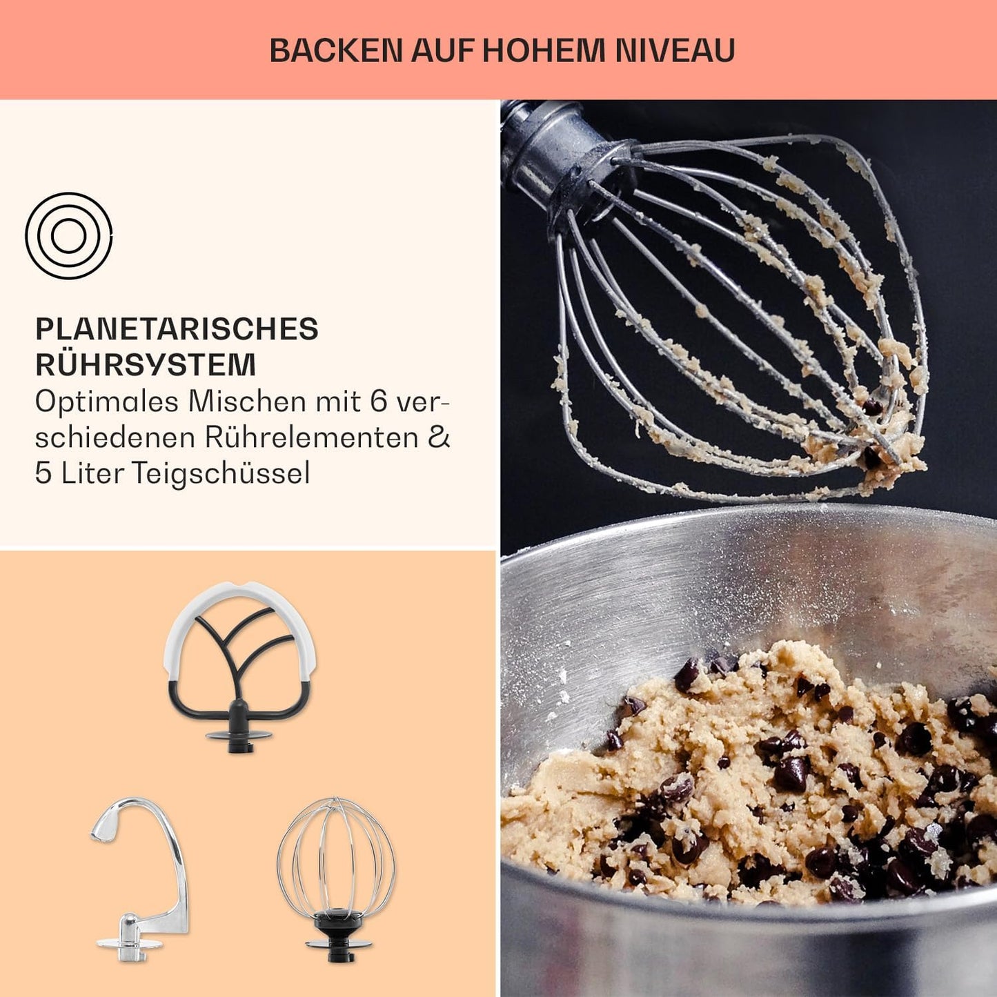 Profi Küchenmaschine mit 5L Schüssel, Knethaken und Schneebesen, Schwarz