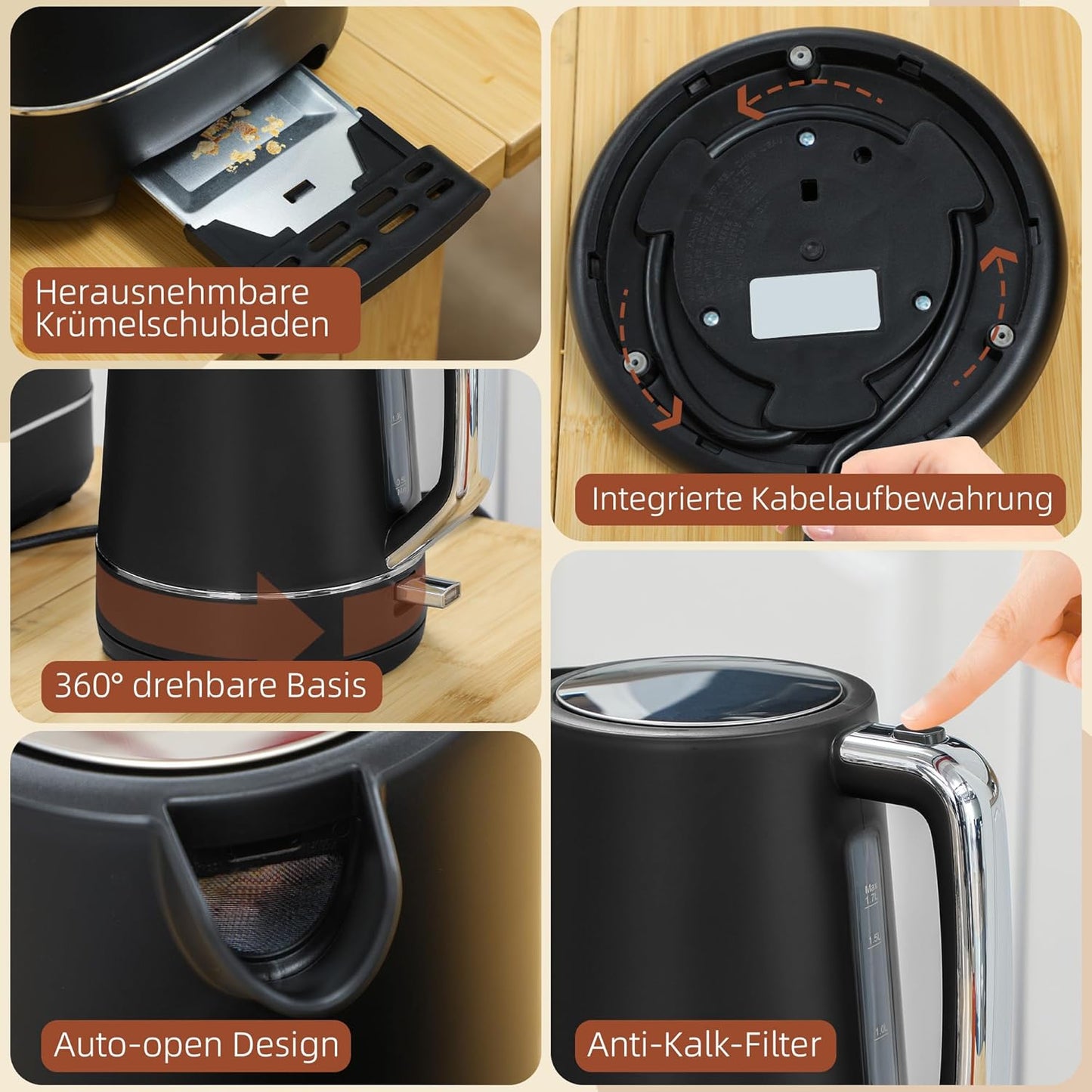 Frühstücks-Set mit Wasserkocher und Toaster, Schwarz