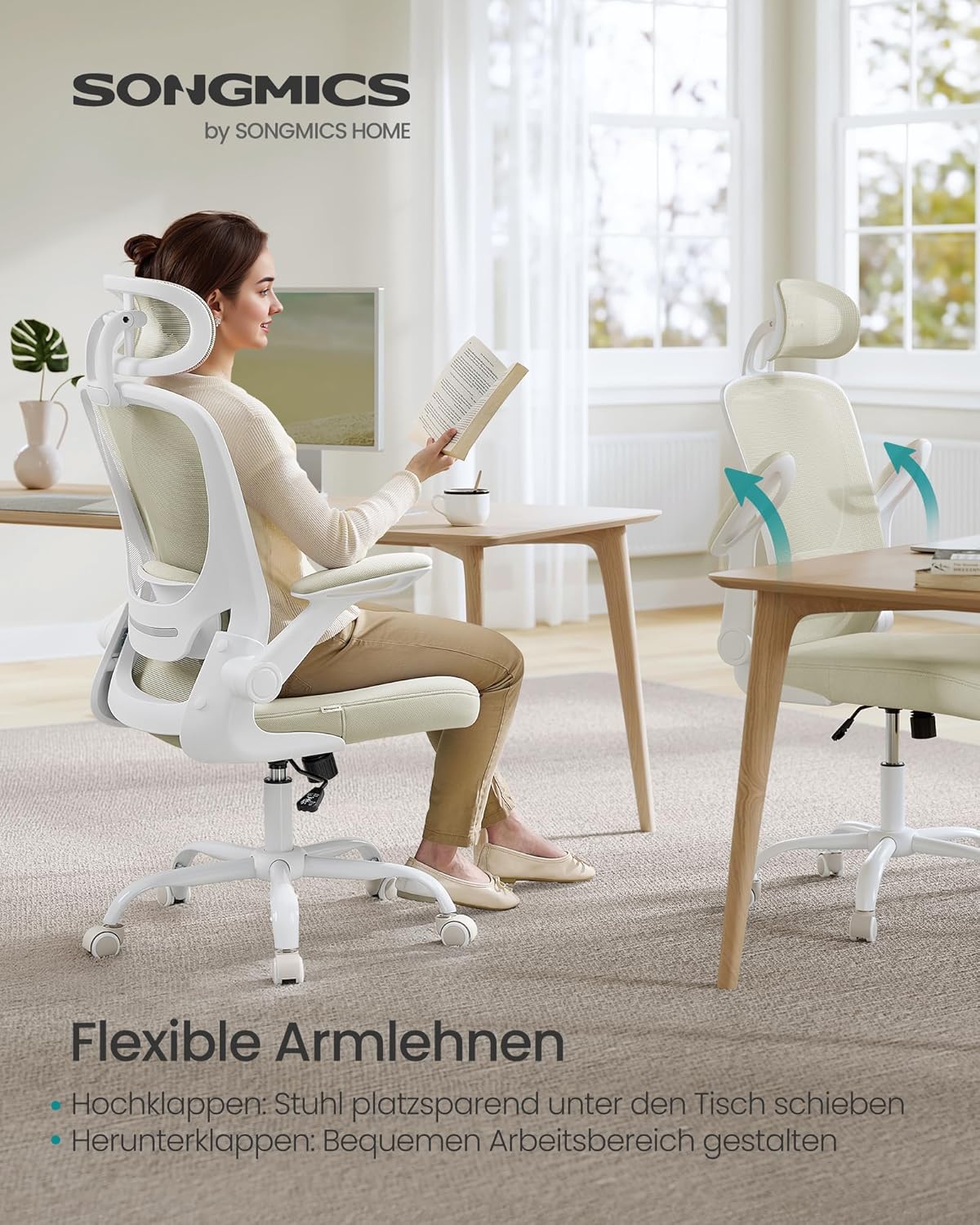 Ergonomischer Drehstuhl mit Kopfstütze, Cappuccinobeige Mit Kopfstütze