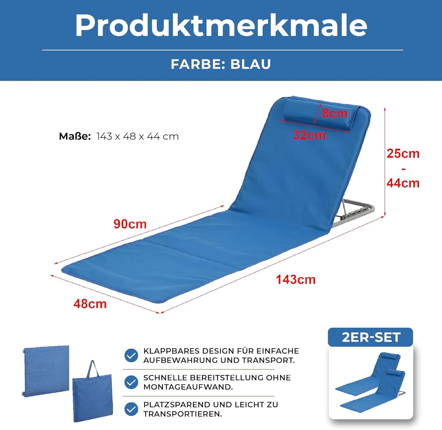 Strandmatte 2er-Set mit Verstellbarer Rückenlehne, Blau