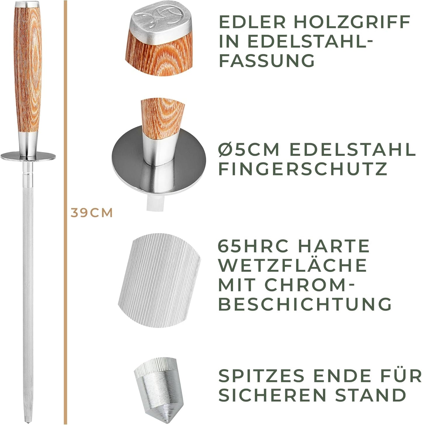 Premium Wetzstahl mit Holzgriff, Wetzstahl Edelstahl