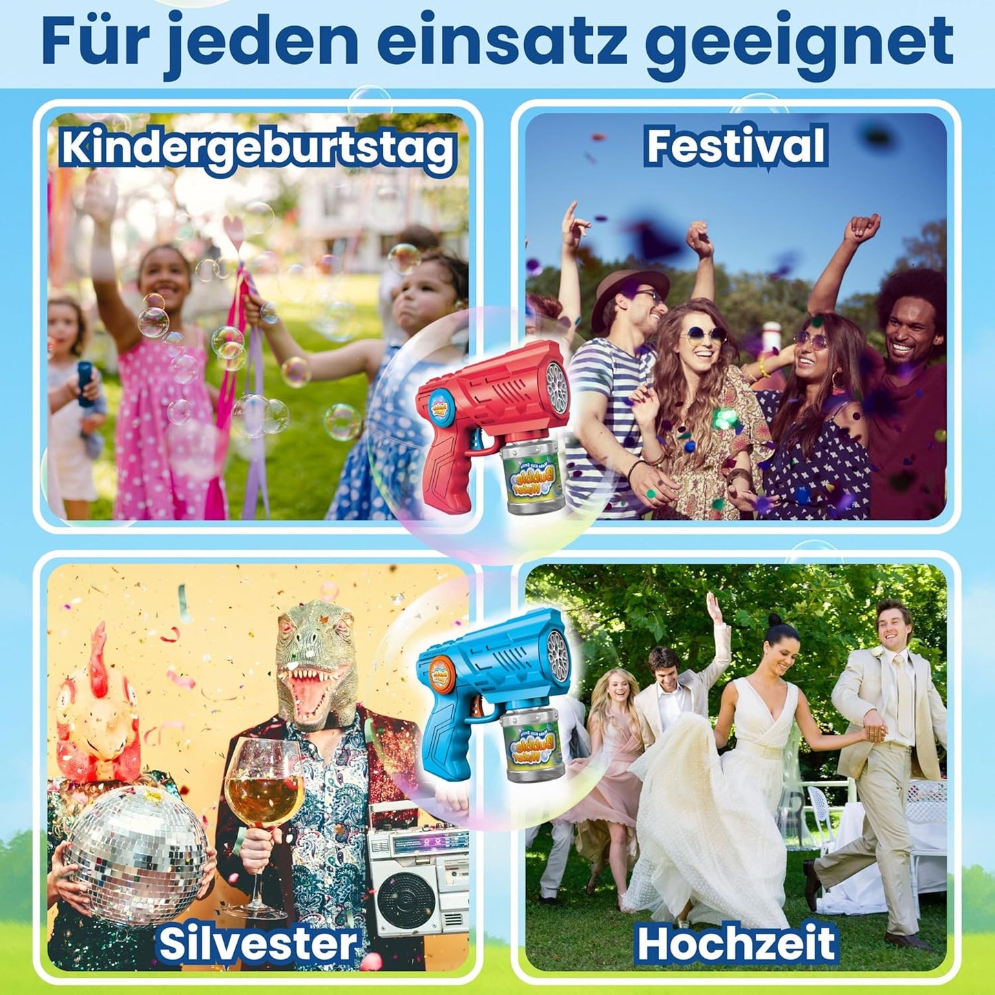 2x Seifenblasenpistolen mit LED und 100ml Tank, inkl. 1 L Nachfüllkonzentrat, Blau + Rot