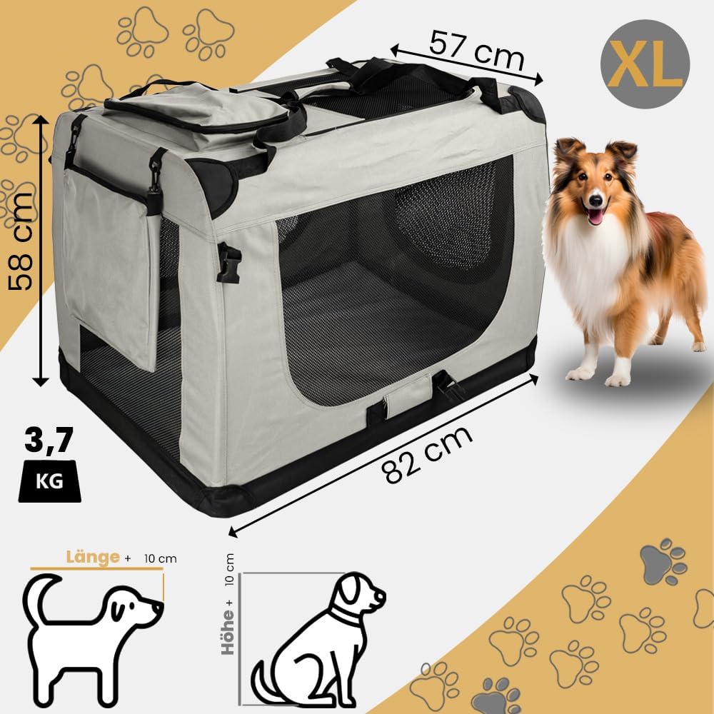 Faltbare Hundetransportbox mit Leckerli-Aufbewahrungstaschen, XL (82 x 57 x 58 cm) Creme