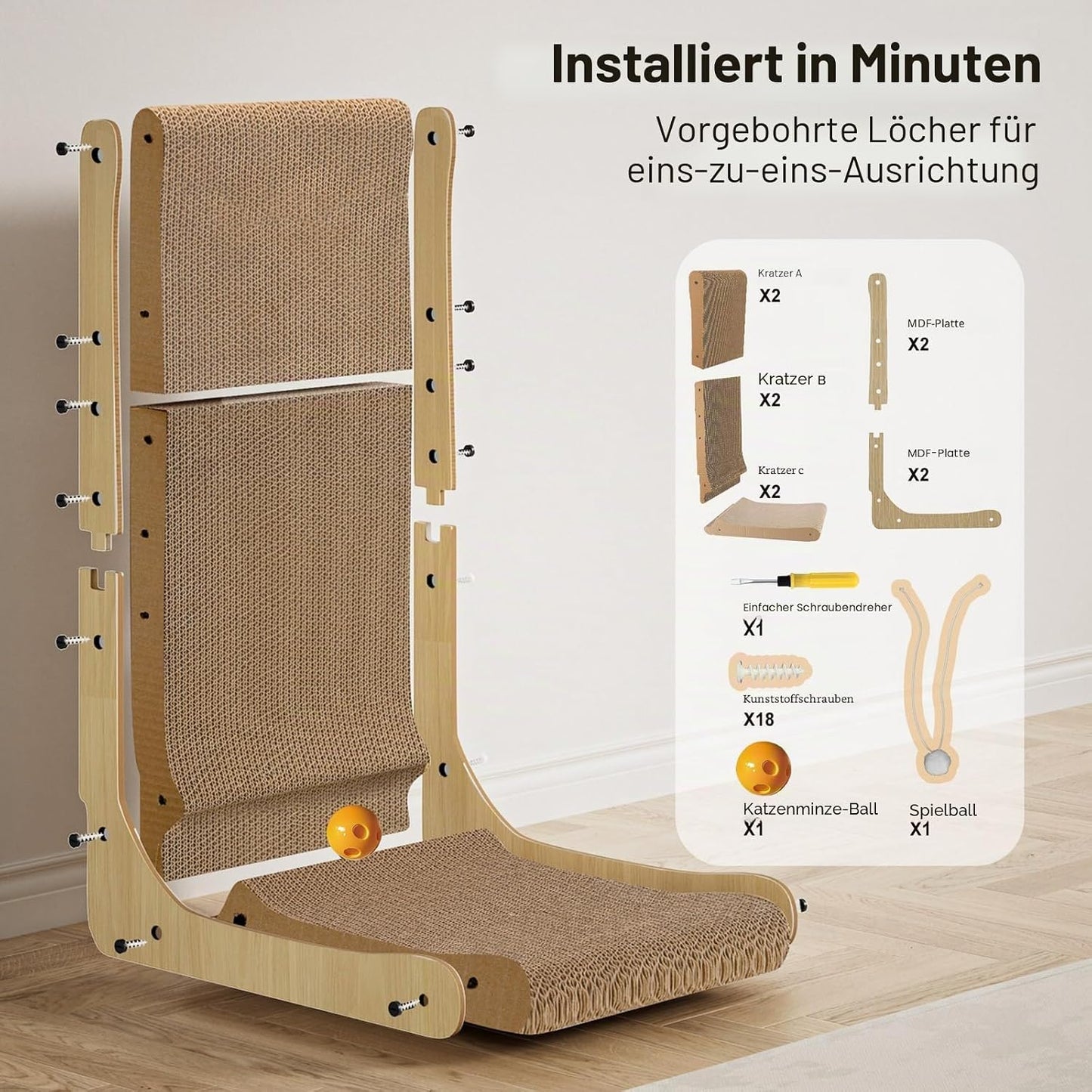 L-förmiges Katzenkratzbrett mit Ball und Glocke, Holz + Glocke 68cm