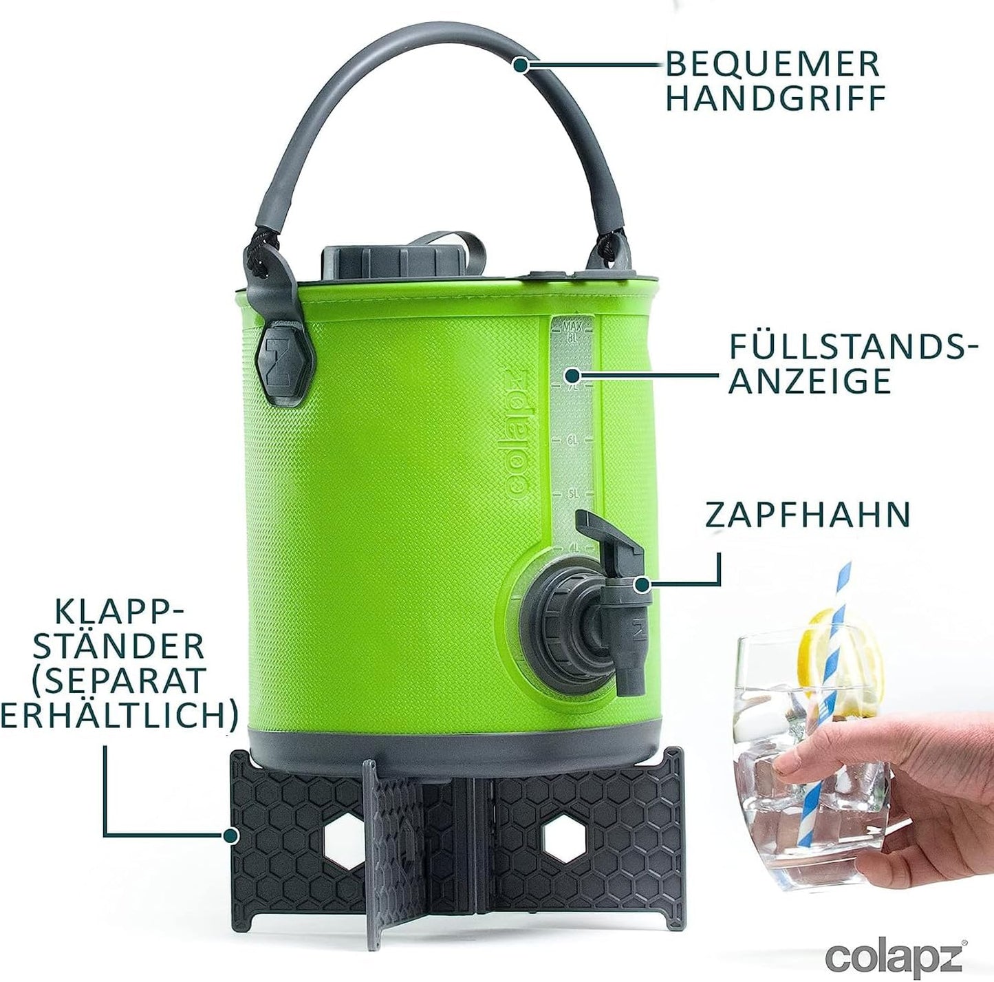 2-in-1 Faltbarer Wasserkanister mit Hahn, 8l, Grün