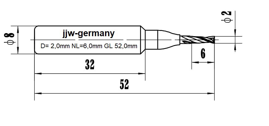Spiralnutfräser, D= 2,0 mm NL 6,0 mm GL 52