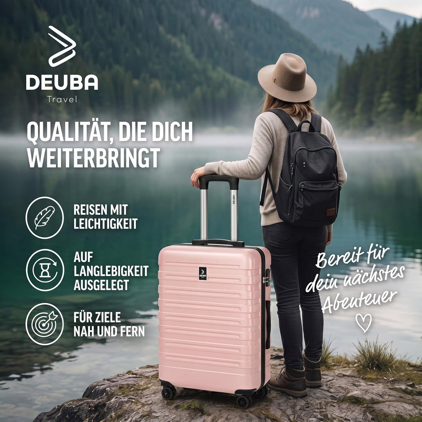 3-teiliges Reise-Kofferset mit 360° Rollen, Pastell-rosa