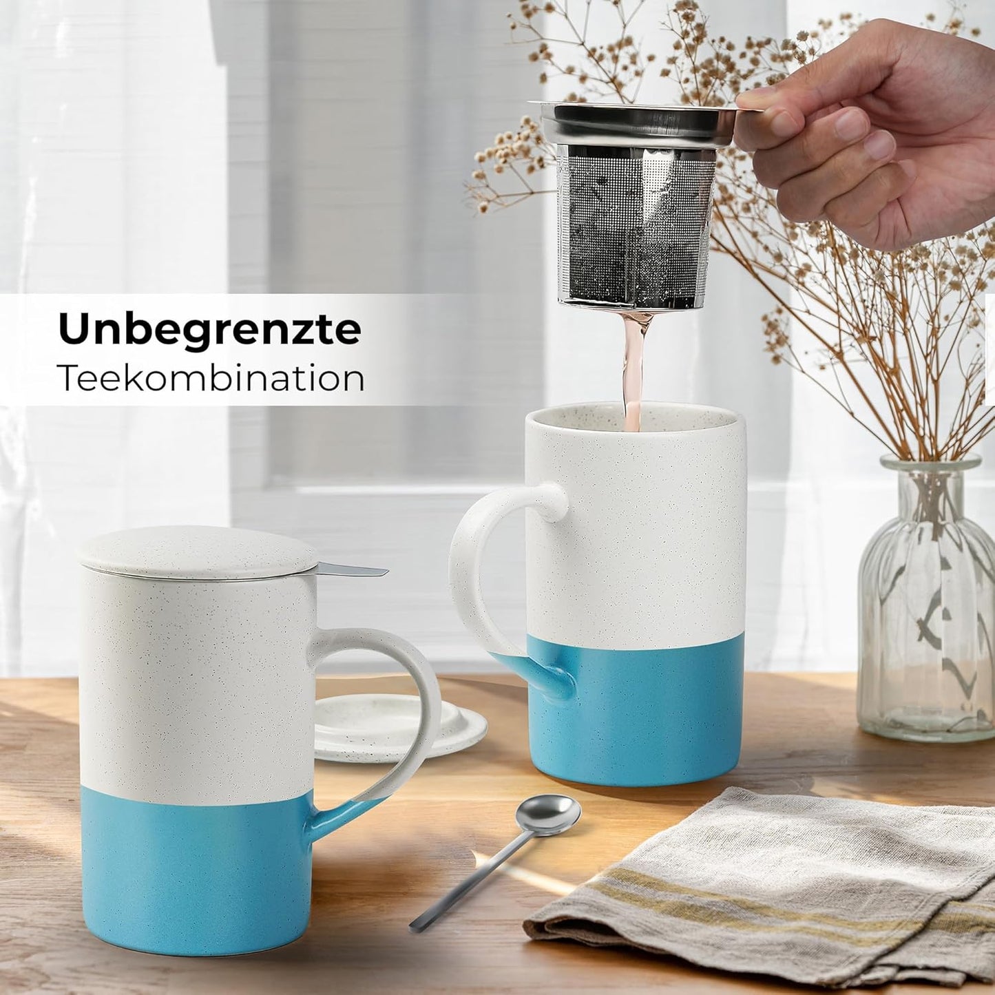2er-Set Tee-Tassen mit Sieb und Löffel, Blau
