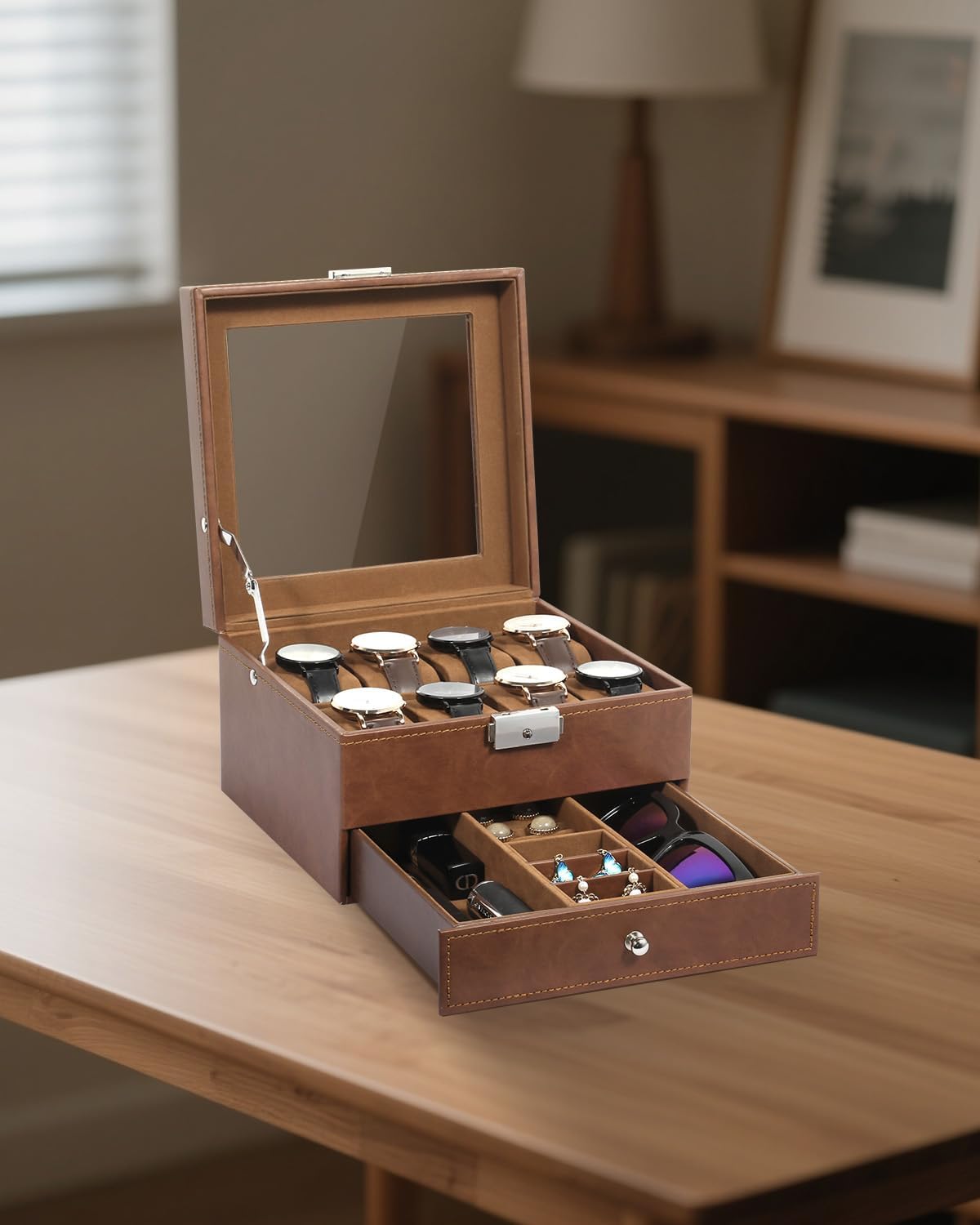 Uhrenbox mit 8 Fächern und Schublade, 8-braunes Pu-braunes