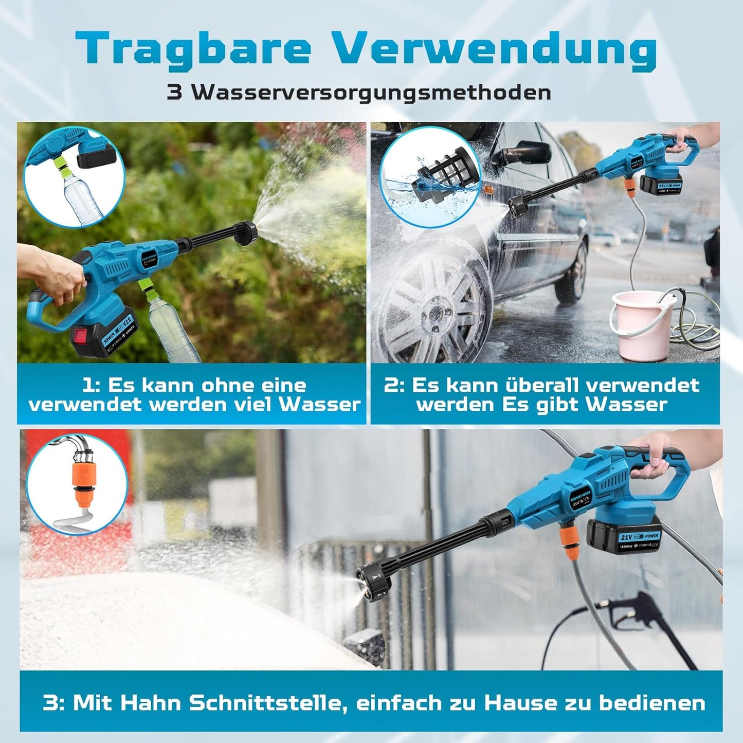 Mobiler Akku-Hochdruckreiniger 21V inkl. 2 Akkus, 120 Bar - 6-in-1-Düse