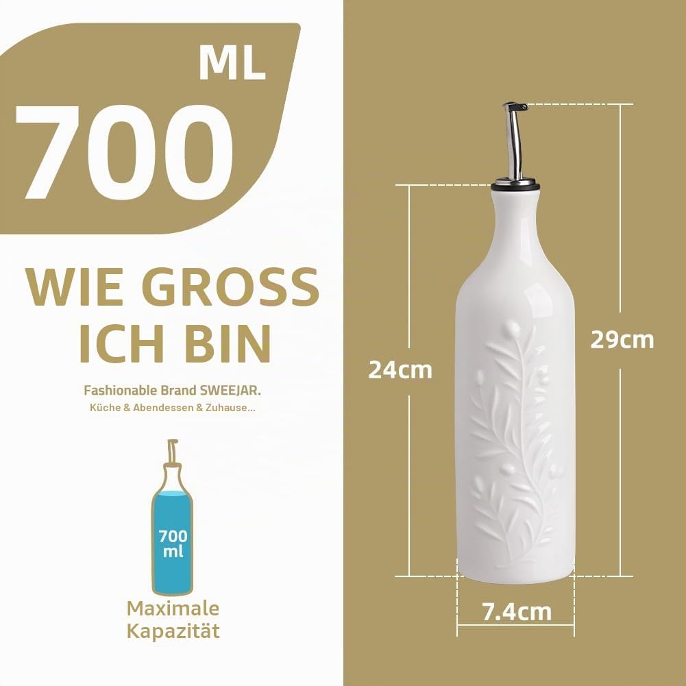 Olivenöl-Spenderflasche, Weiss Feines Olivenblatt-Relief, 700 ml