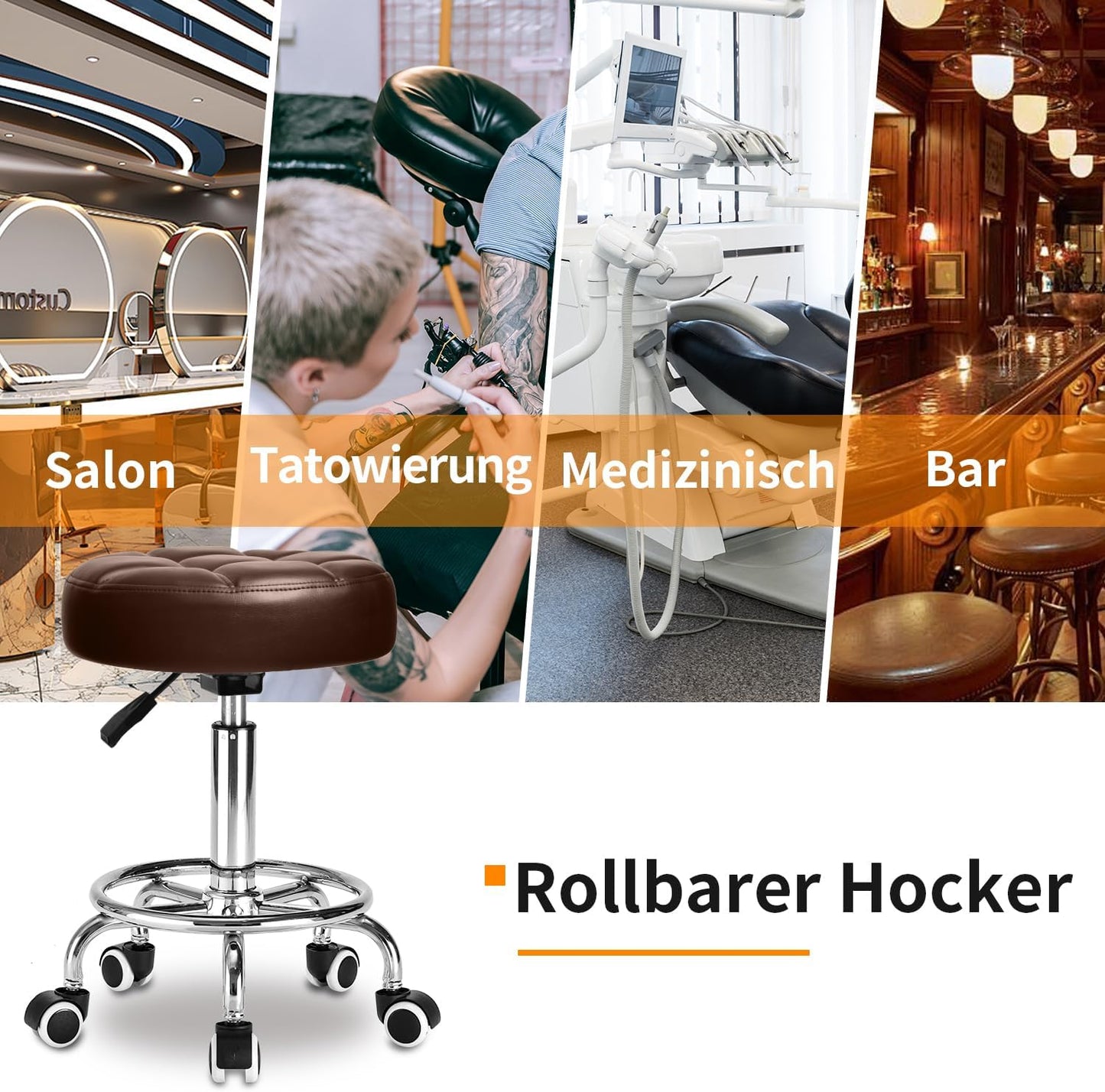 Höhenverstellbarer Rollhocker mit Rollen und Fussstütze, Braun1