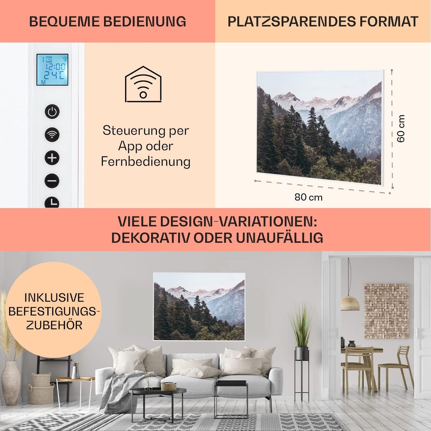 Berglandschaft - Infrarotheizung mit Thermostat, 80 x 60 cm / 500W Berglandschaft - Weiss
