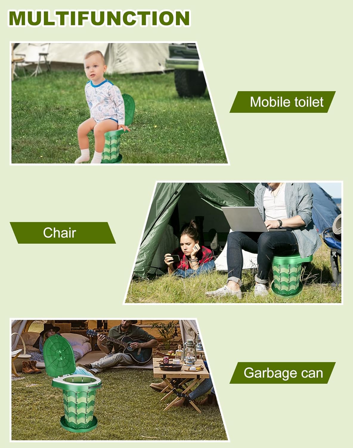 Faltbare Campingtoilette mit Beuteln, Armeegrün