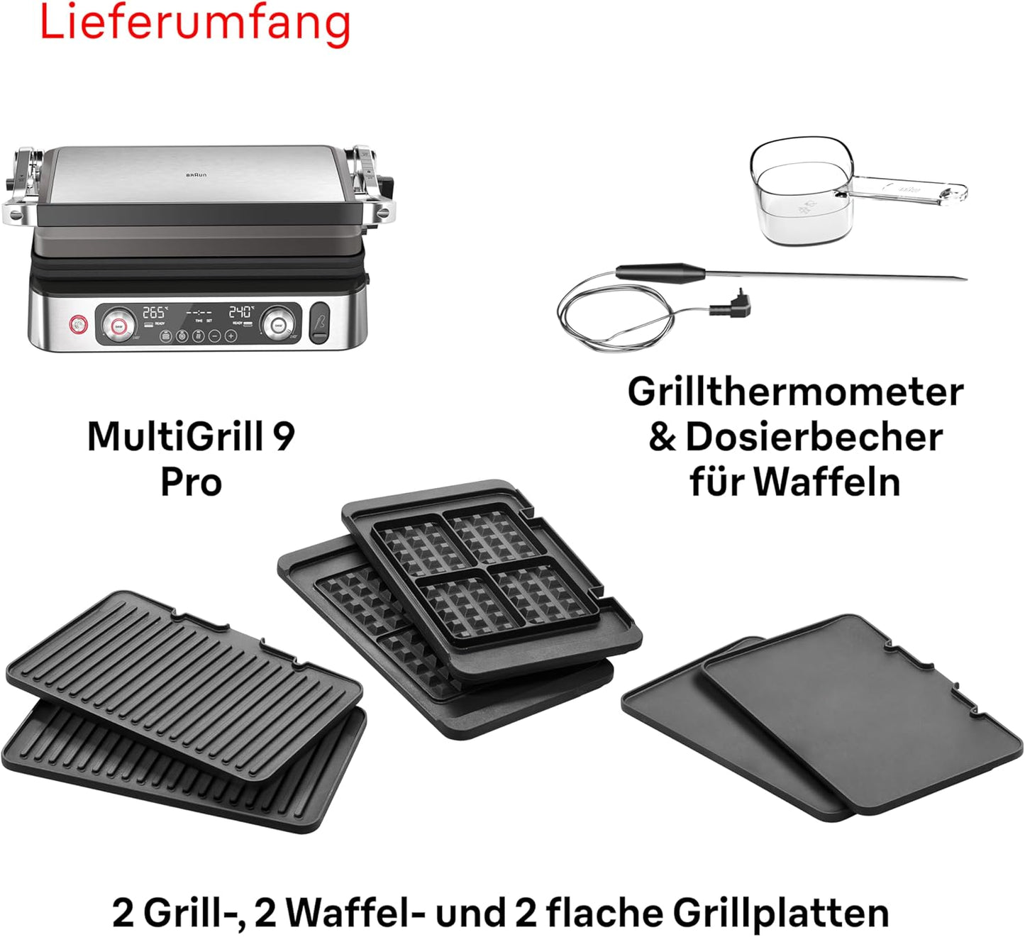 MultiGrill 9 Pro Kontaktgrill, 2 Grill-/2 Plancha-/2 Waffel-Platten, digitale Temperatureinstellung
