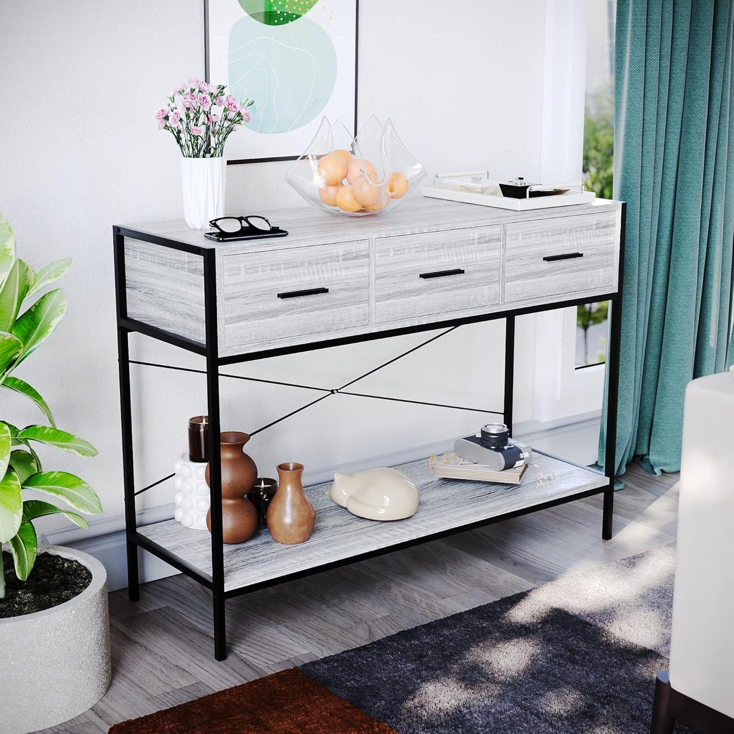 Brooklyn Konsolentisch mit 3 Schubladen, Grau, 3 Drawer