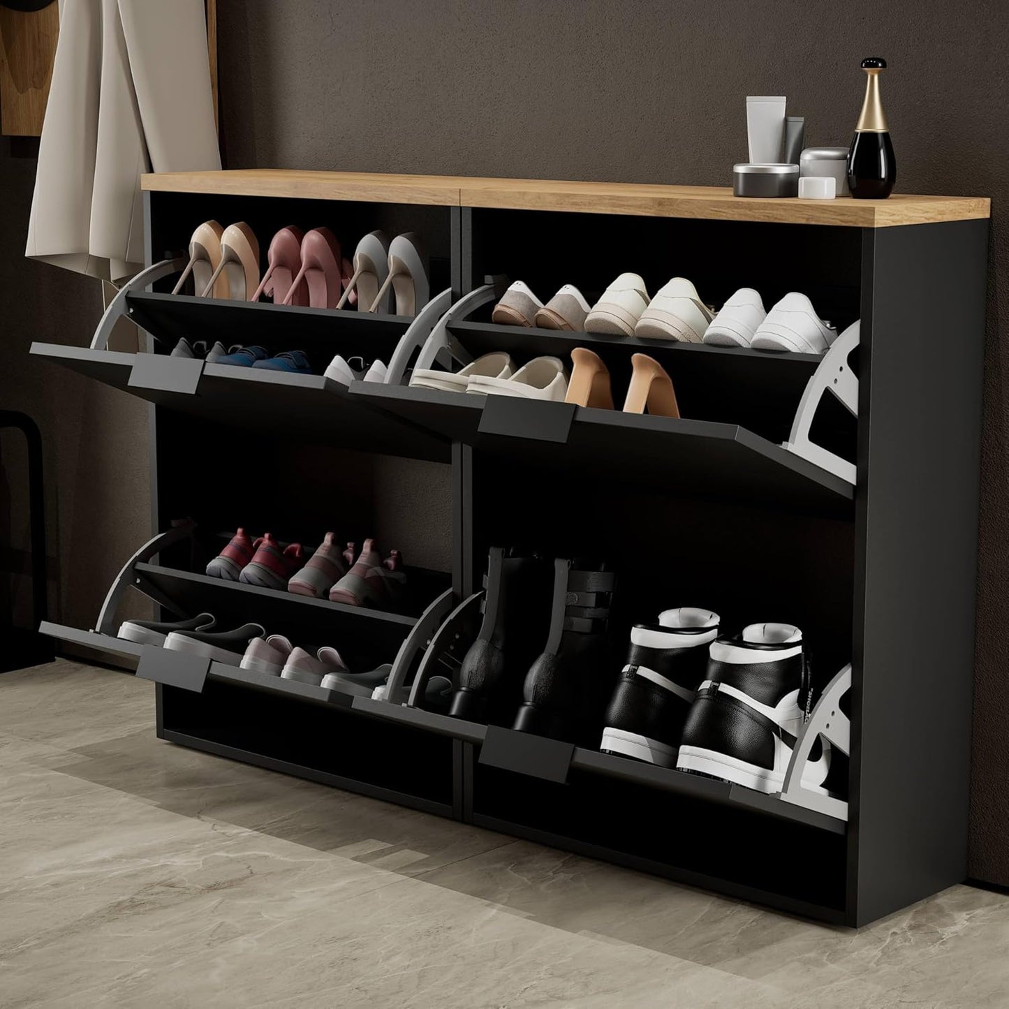 Platzsparender Schuhschrank mit 4 Ablagen, 2x 2 Klappen Schwarz