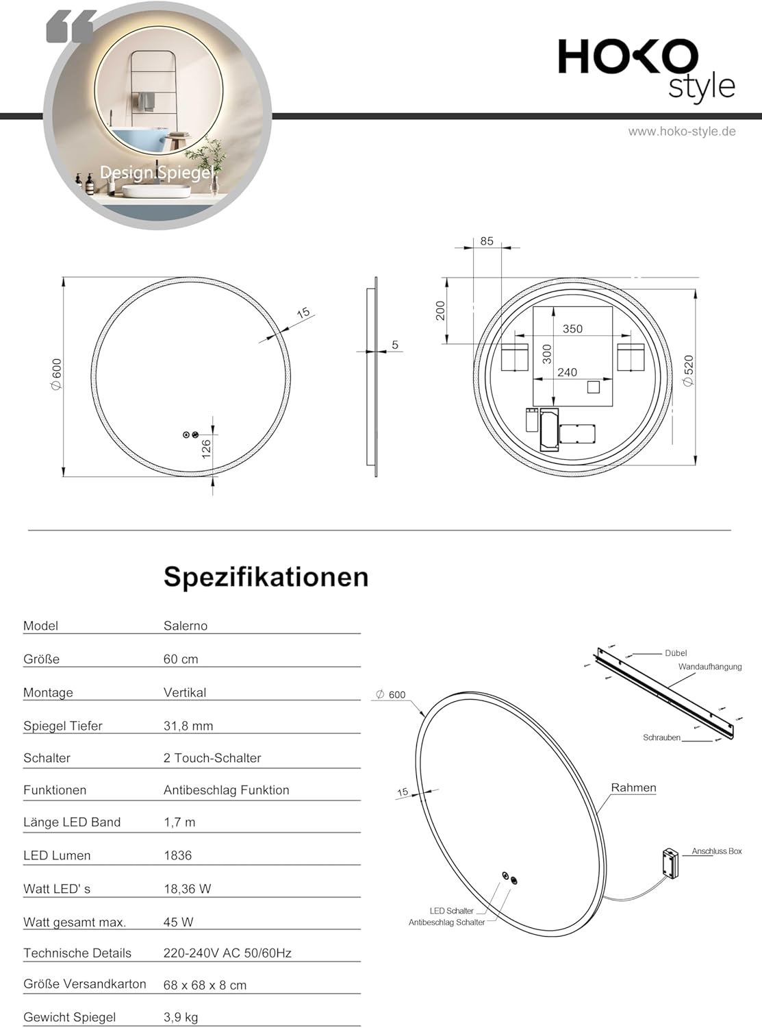 LED-Badspiegel, 60L x 60B cm, Schwarz Rund