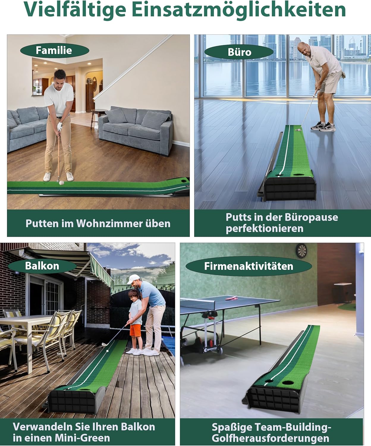 Golf Putting Matte mit Ballrückgabe, Schwarz - Ohne Bälle, Selbstmontage