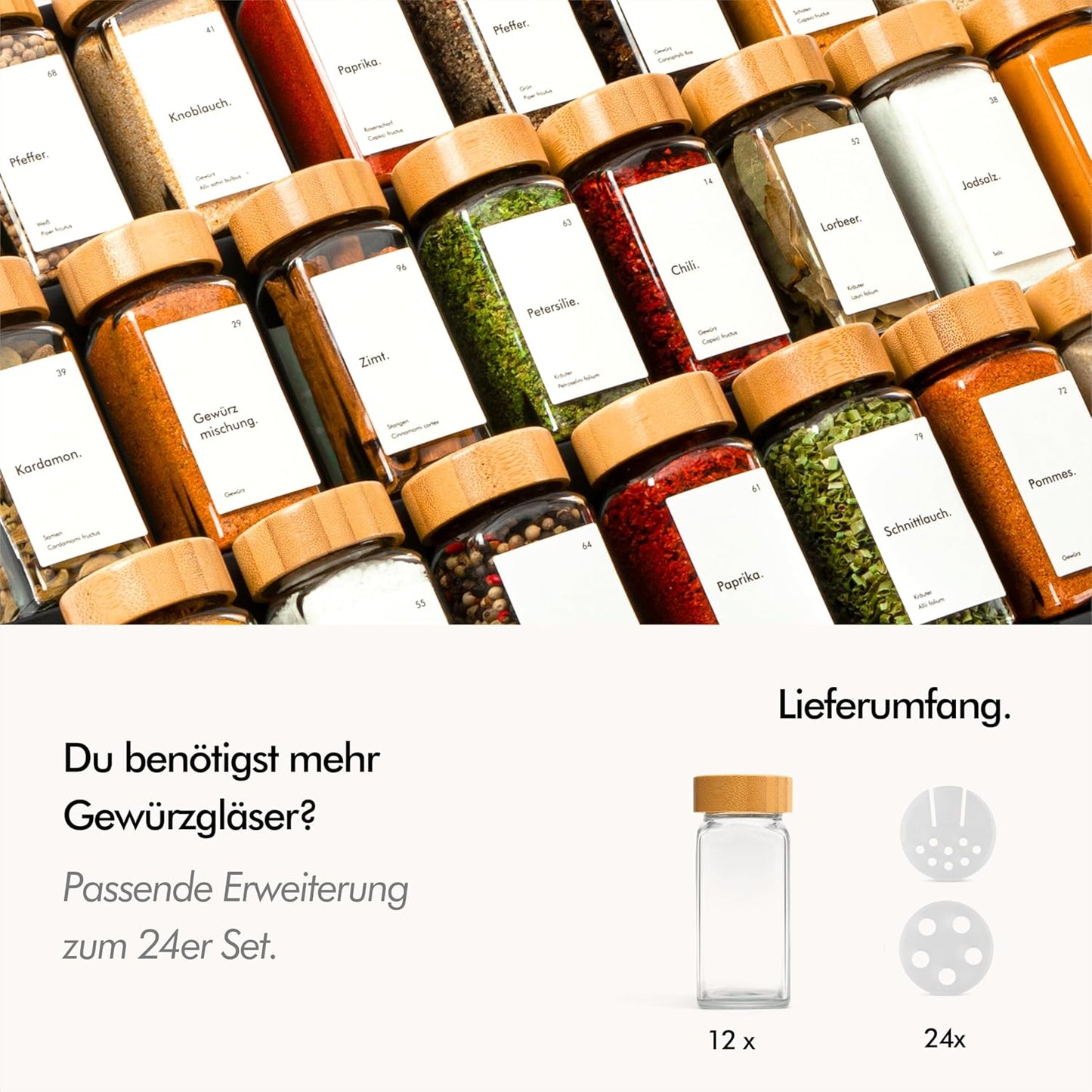12-teiliges Gewürzgläser-Set, 12er Zusatzset Bambus
