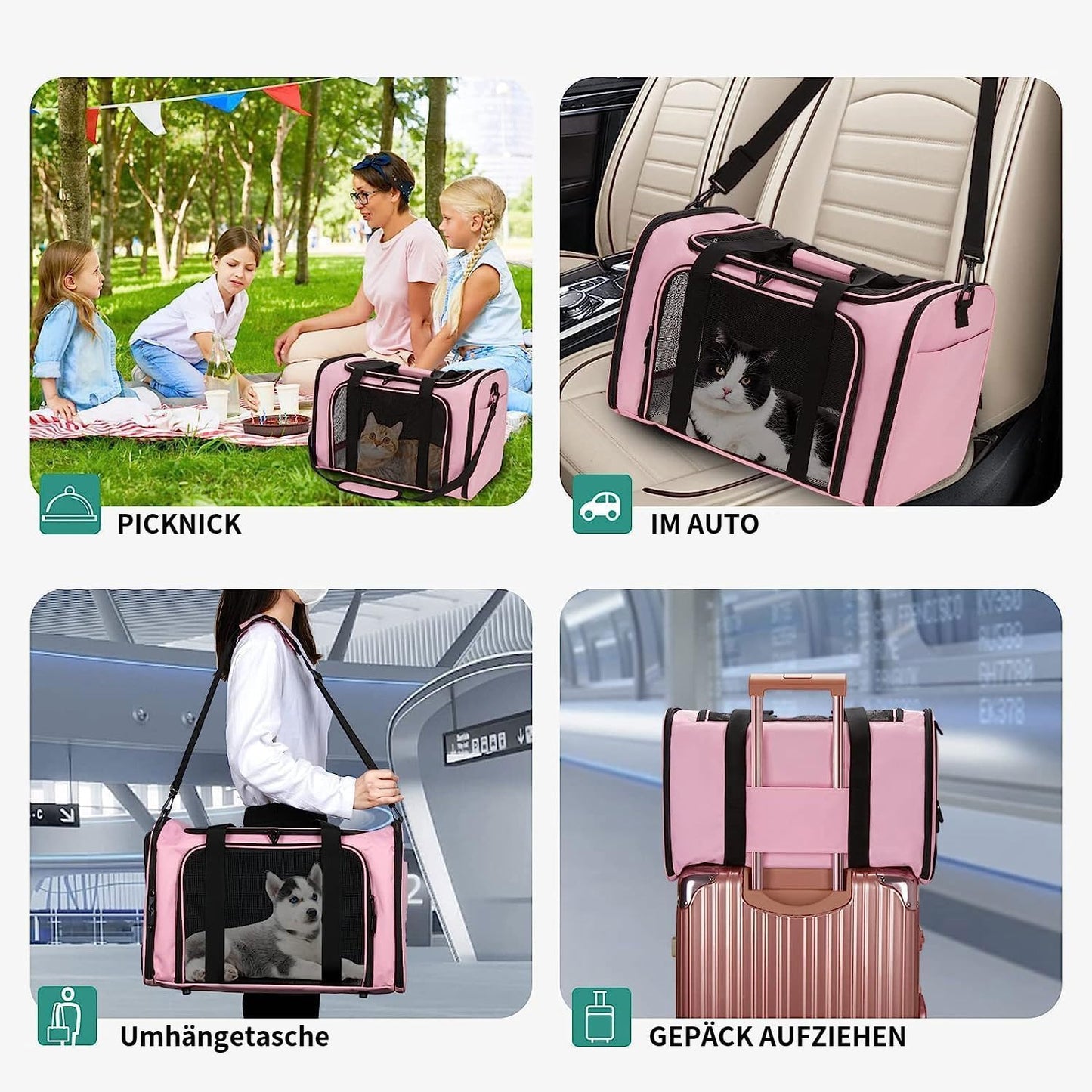 Faltbare Transporttasche für Katzen und Hunde (8 kg), L 50 x B 34 x H 34 cm Rosa