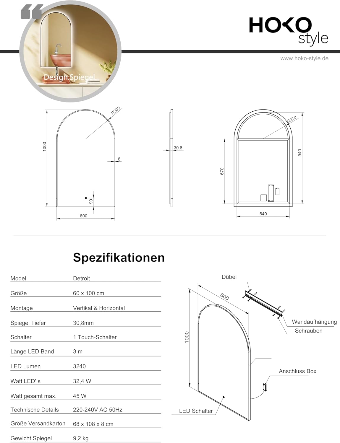 LED-Badspiegel mit Goldrahmen und Touch Schalter, Gold-arch 100L x 60B cm