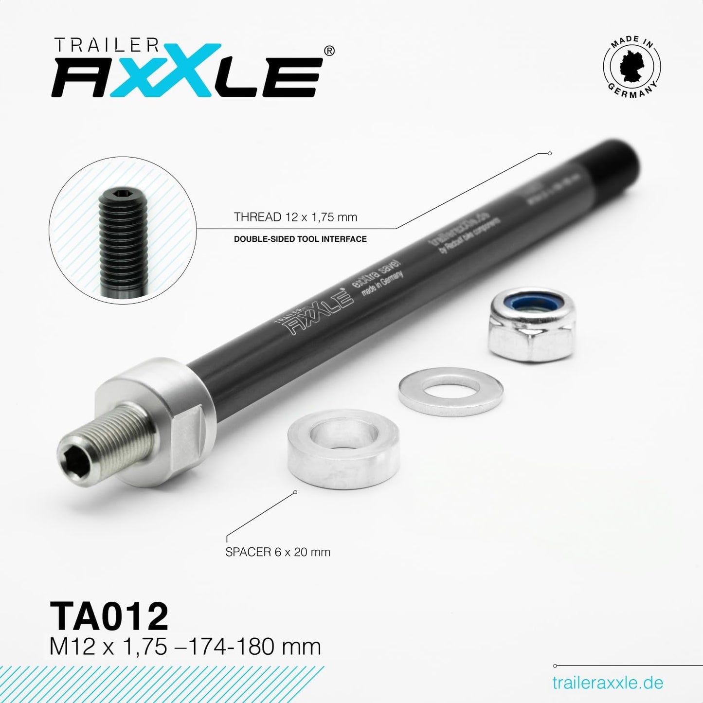 Steckachse für Fahrradanhänger TA012, M12x1,75 | 174-180 mm
