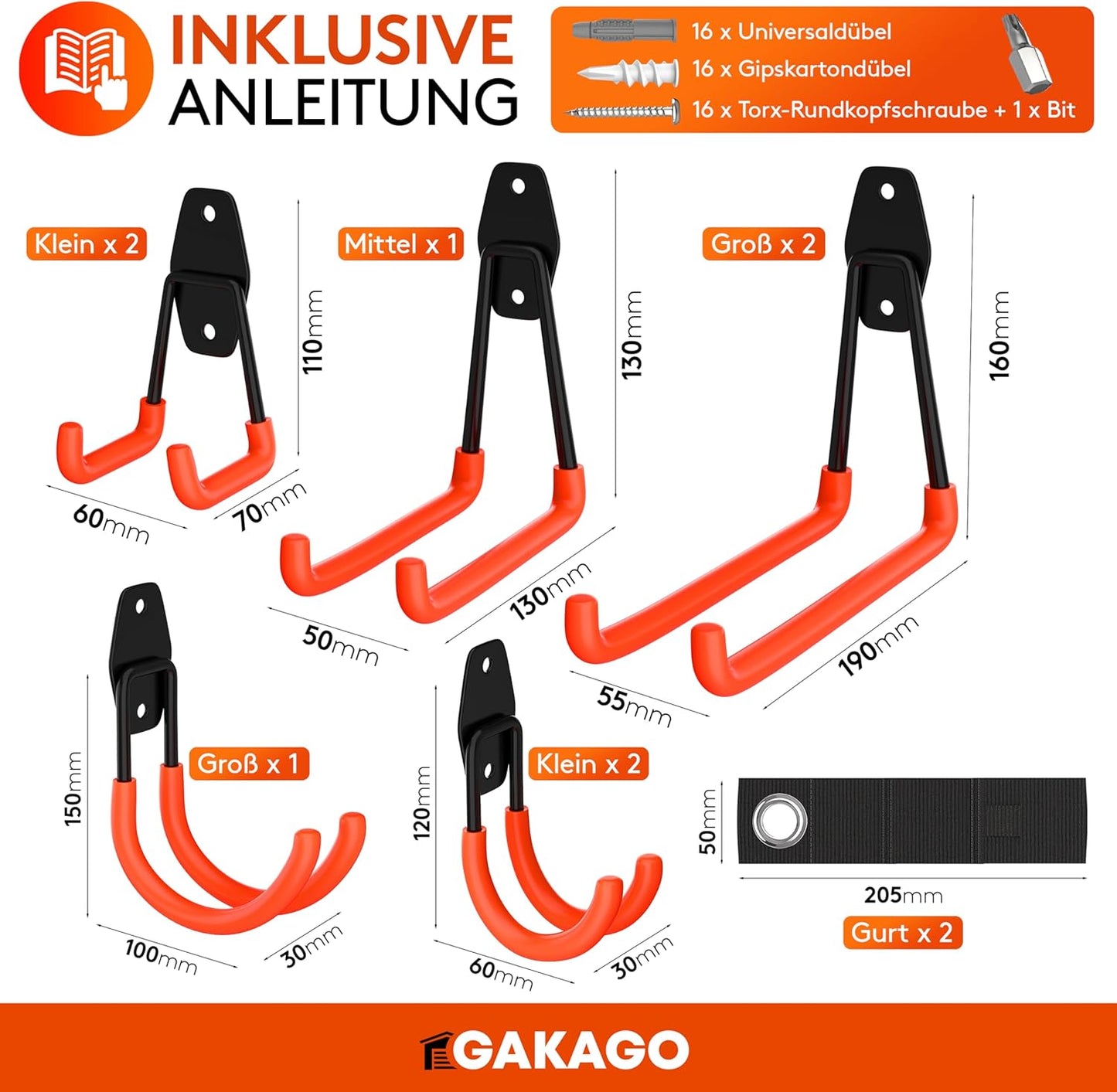 10-teiliges Garagenhaken-Set inkl. Dübel & Schrauben, 10er Set