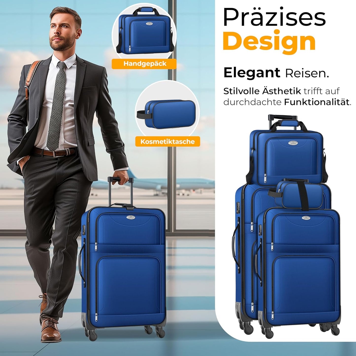 Reisekoffer Set mit TSA-Schloss und 360° Rollen (4-tlg), Blau