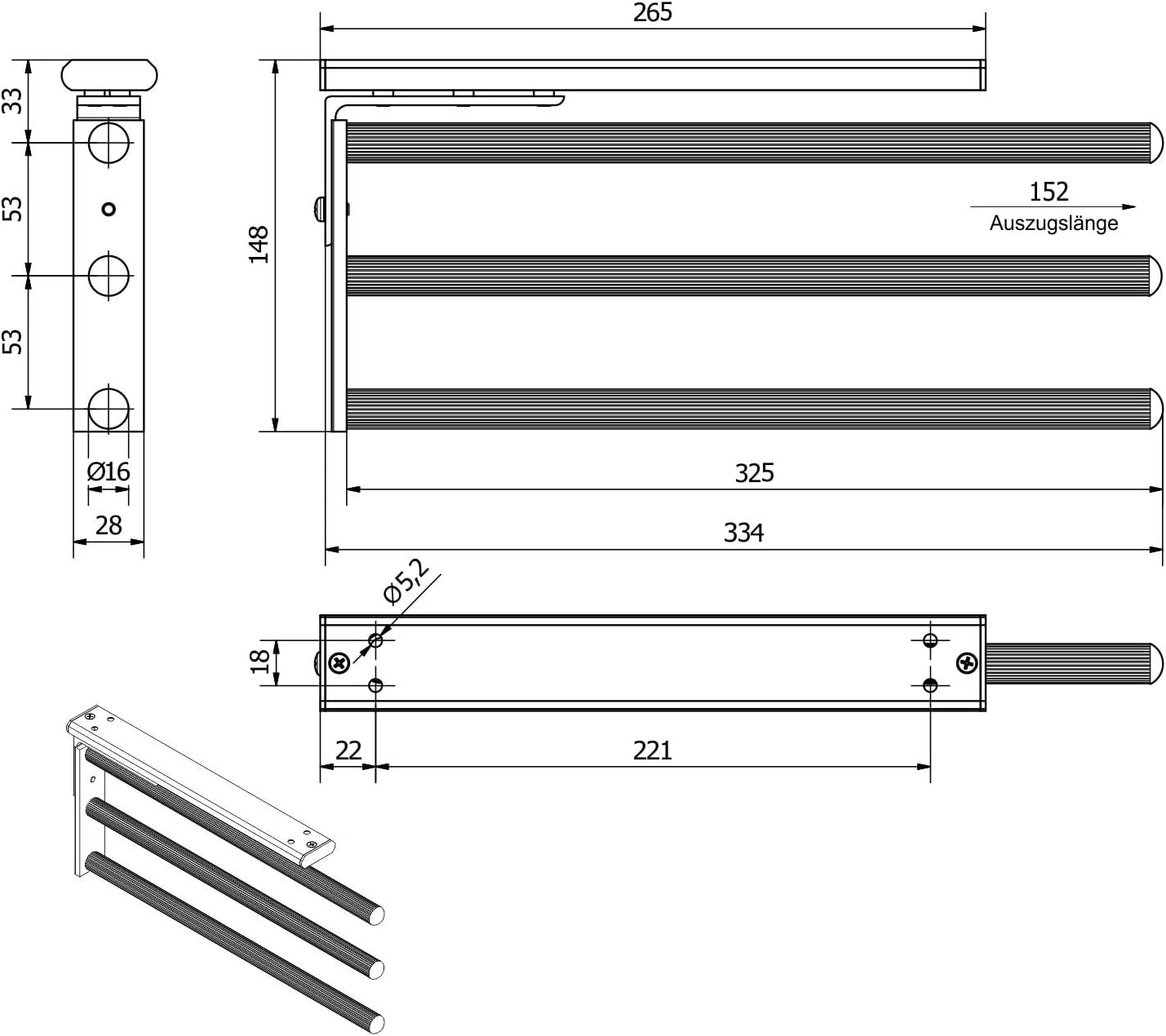 3-armiger Teleskop-Handtuchhalter, Schwarz Matt 3-armig 325 - 487 mm