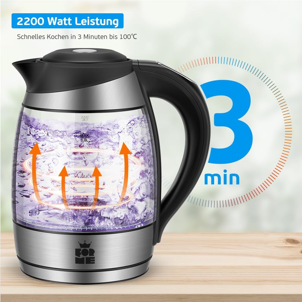Glas-Wasserkocher mit Temperaturwahl (1,8L), Ohne Teesieb 418