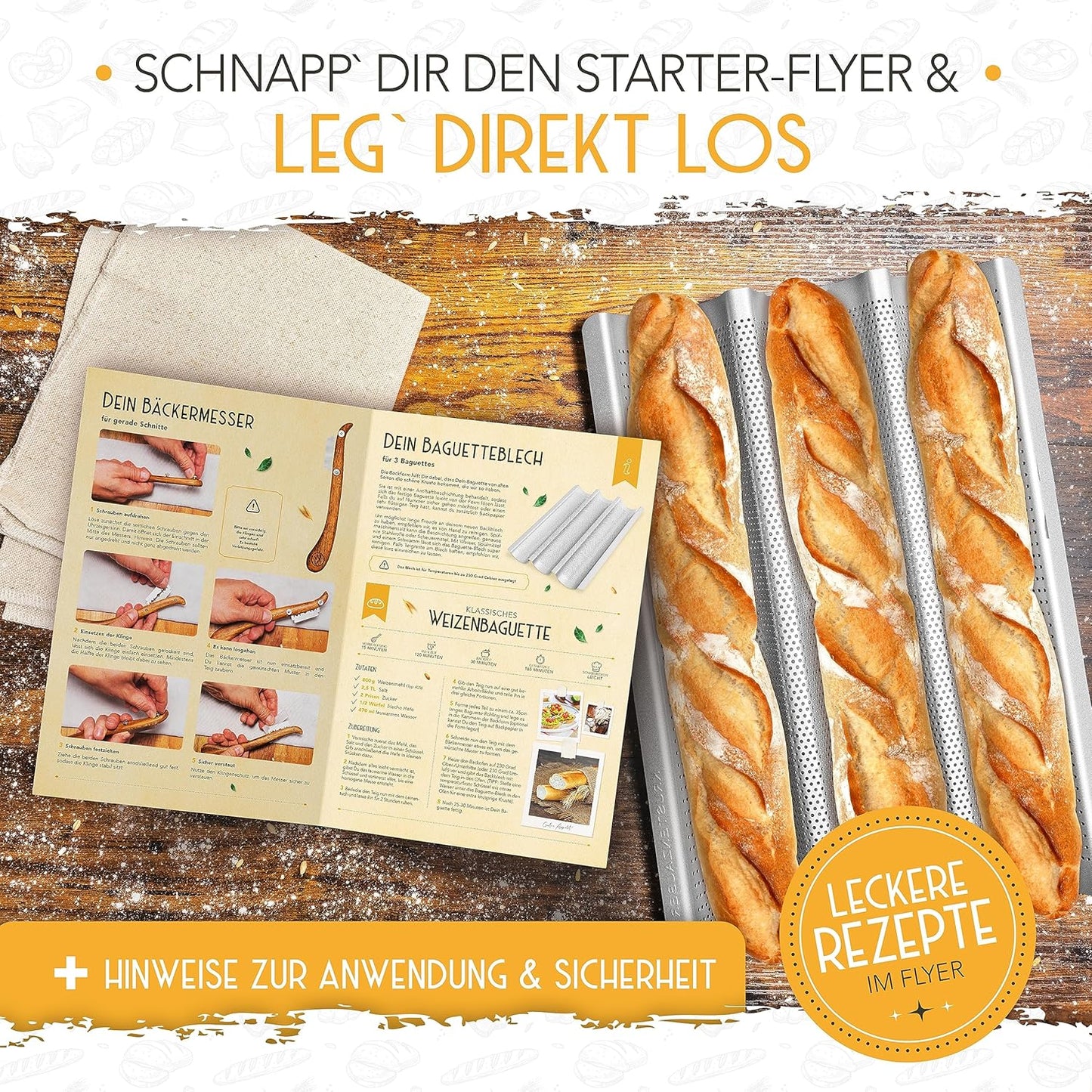 3er Baguette Backform mit Bäckerzubehör, Baguetteform - 3er Set
