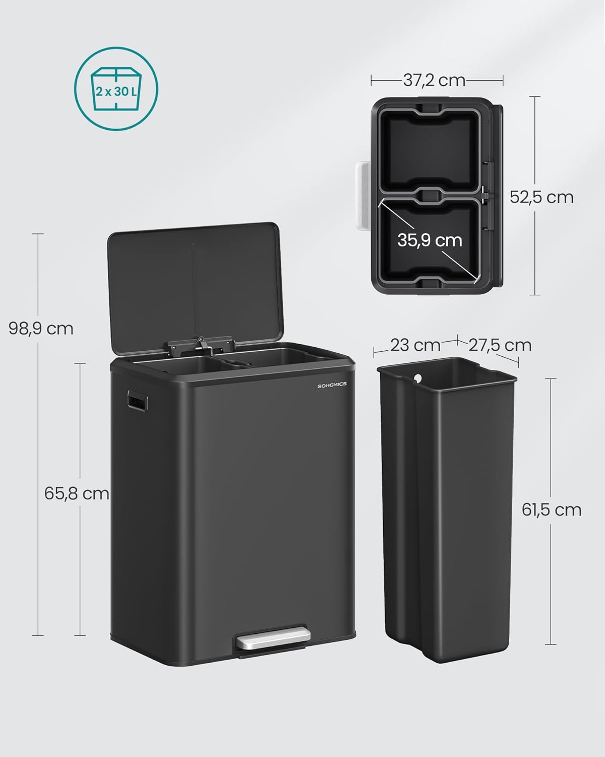 Mülltrennsystem mit 2 Fächern, 2 x 30 L, LTB556B02, tintenschwarz 60 L