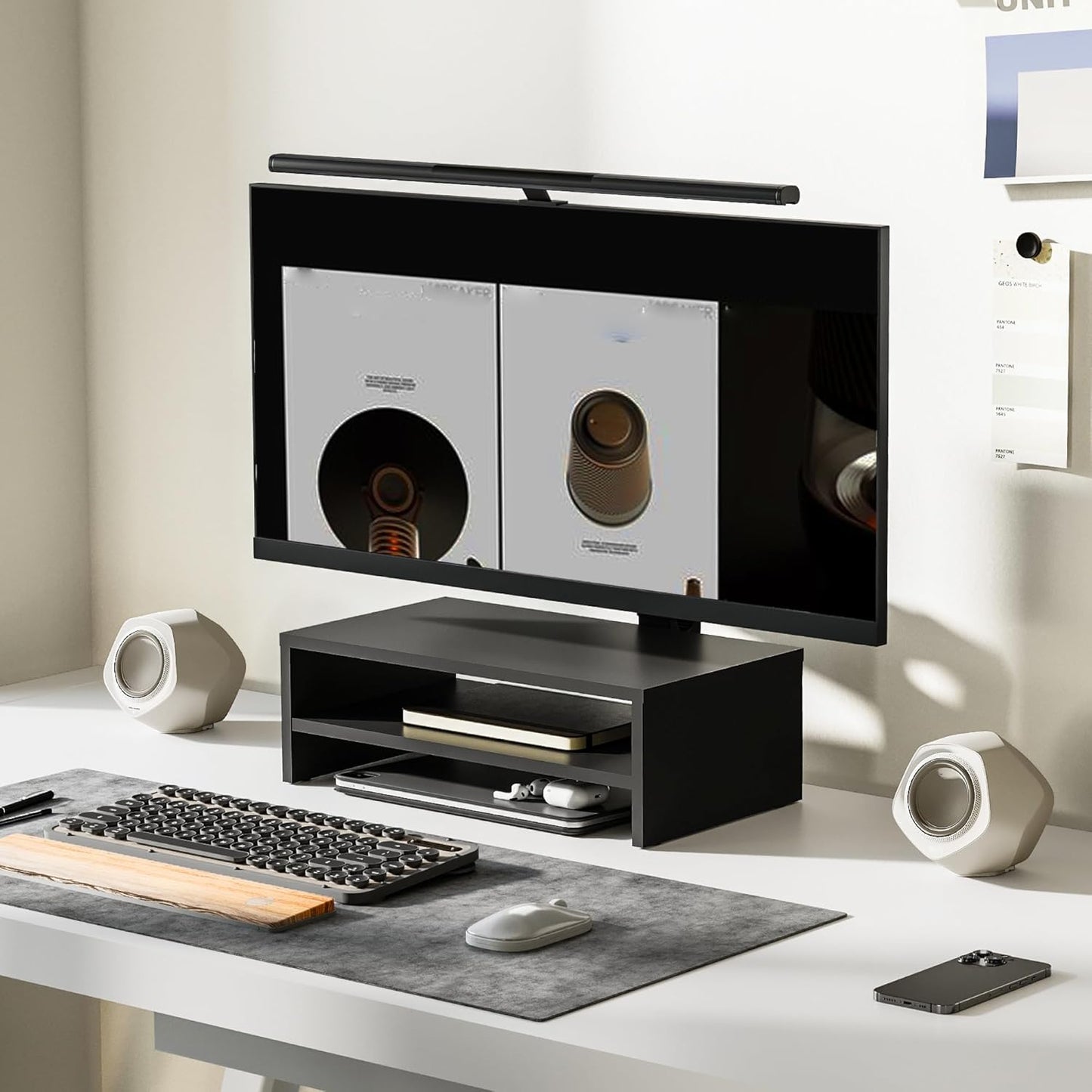 Ergonomischer Monitorständer mit Ablage, Schwarz 42.5x23.5x14cm