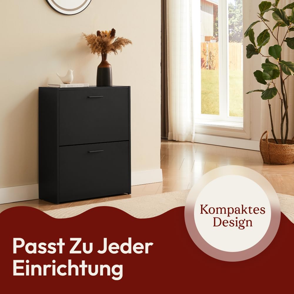 Schuhschrank mit 2 Klappen für 12 Paar Schuhe, Schwarz 2 Türen