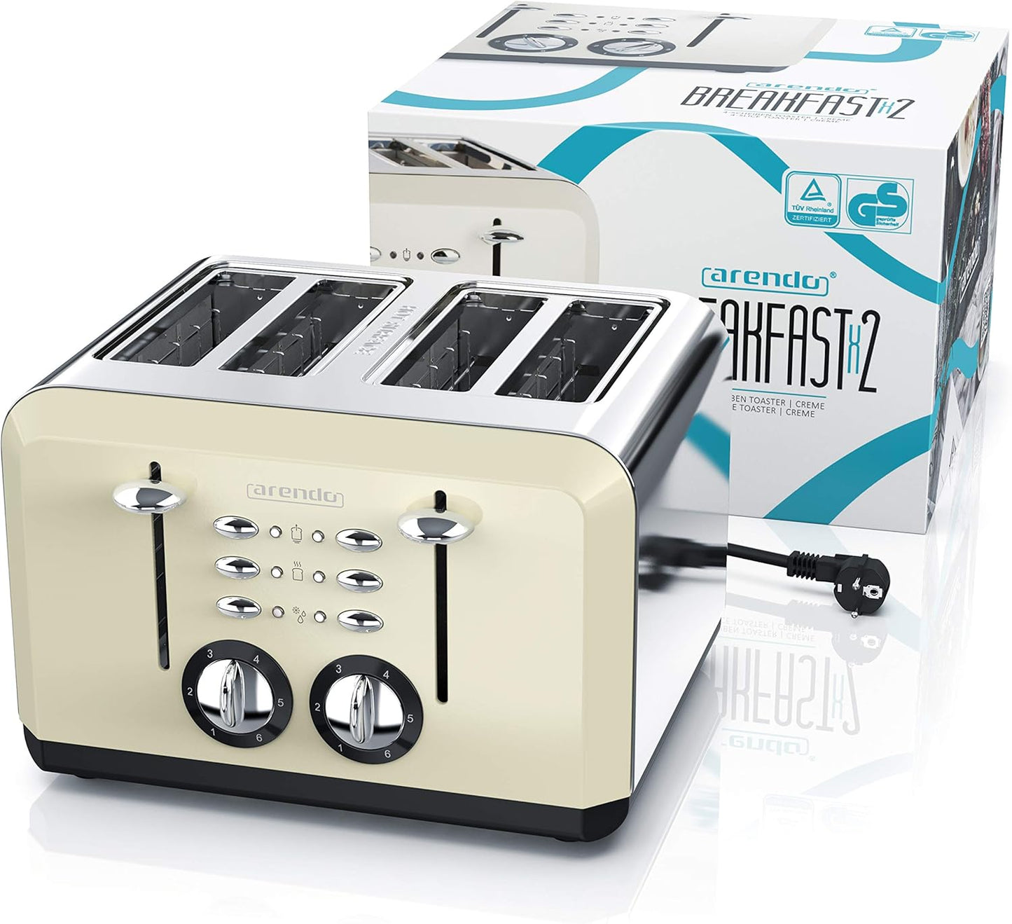 Breakfast X2 Toaster für 4 Scheiben, mit Auftau- Aufwärm- und Stoppfunktion, D: Beige