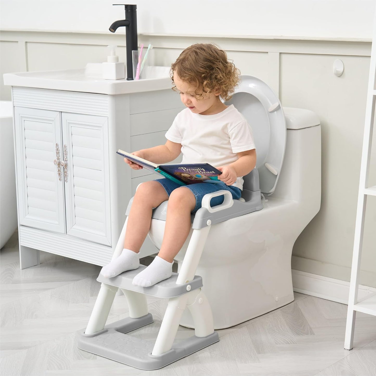 Kinder Toilettensitz mit Treppe & Rückenlehne, Grau