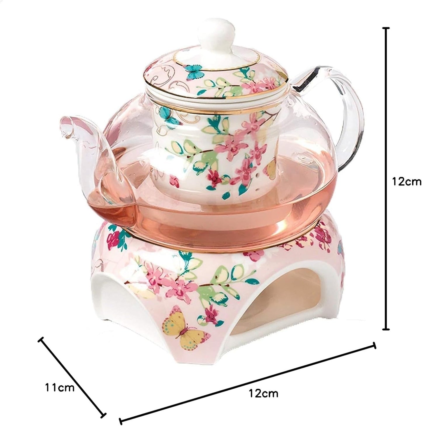 Teekanne mit Stövchen und Teesieb, Rosa