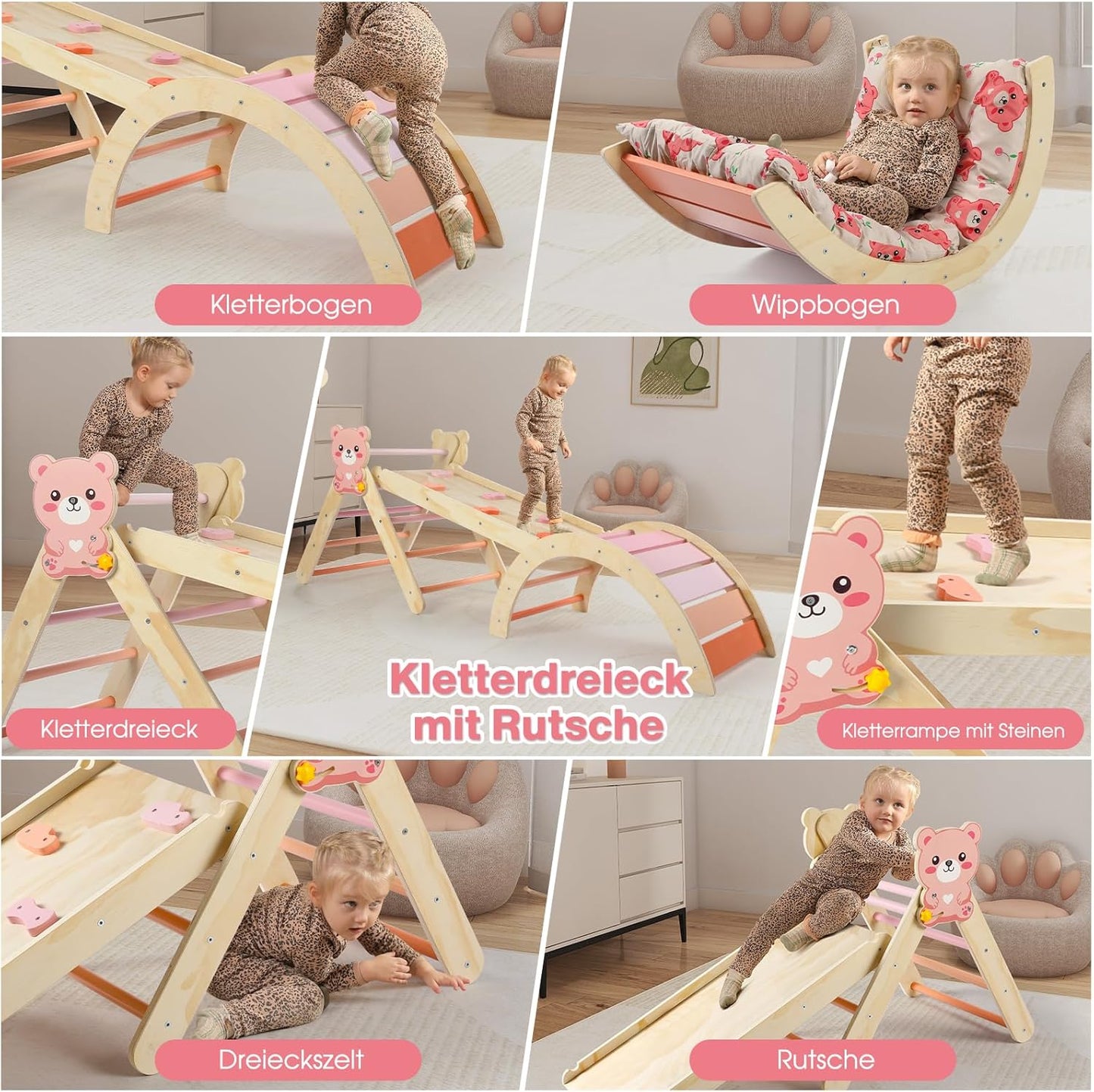 Kletterdreieck Set (7-in-1) mit Rutsche, Bärchen