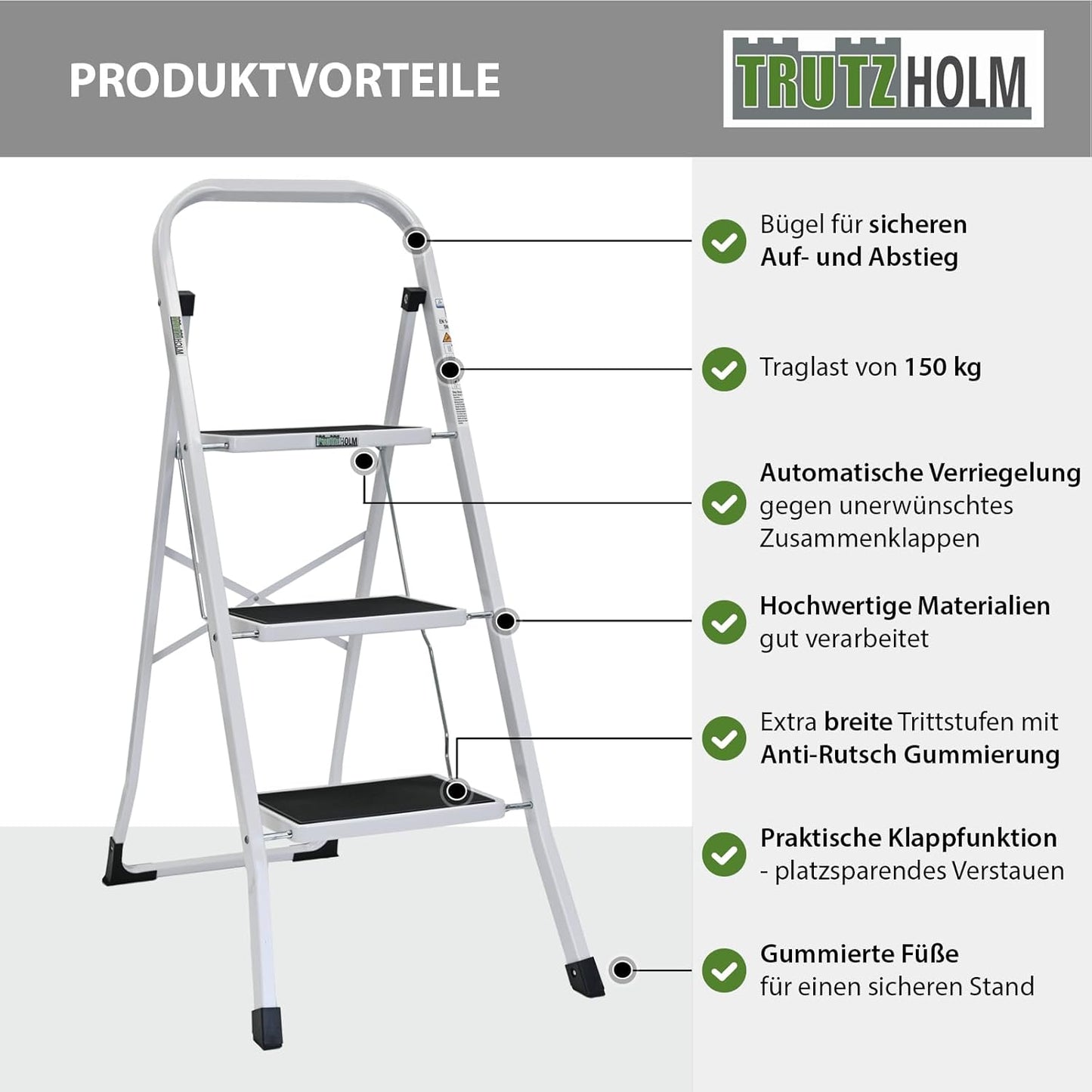 Klapptritt mit 3 Stufen und Sicherheitsverriegelung, 3 Stufen Weiss