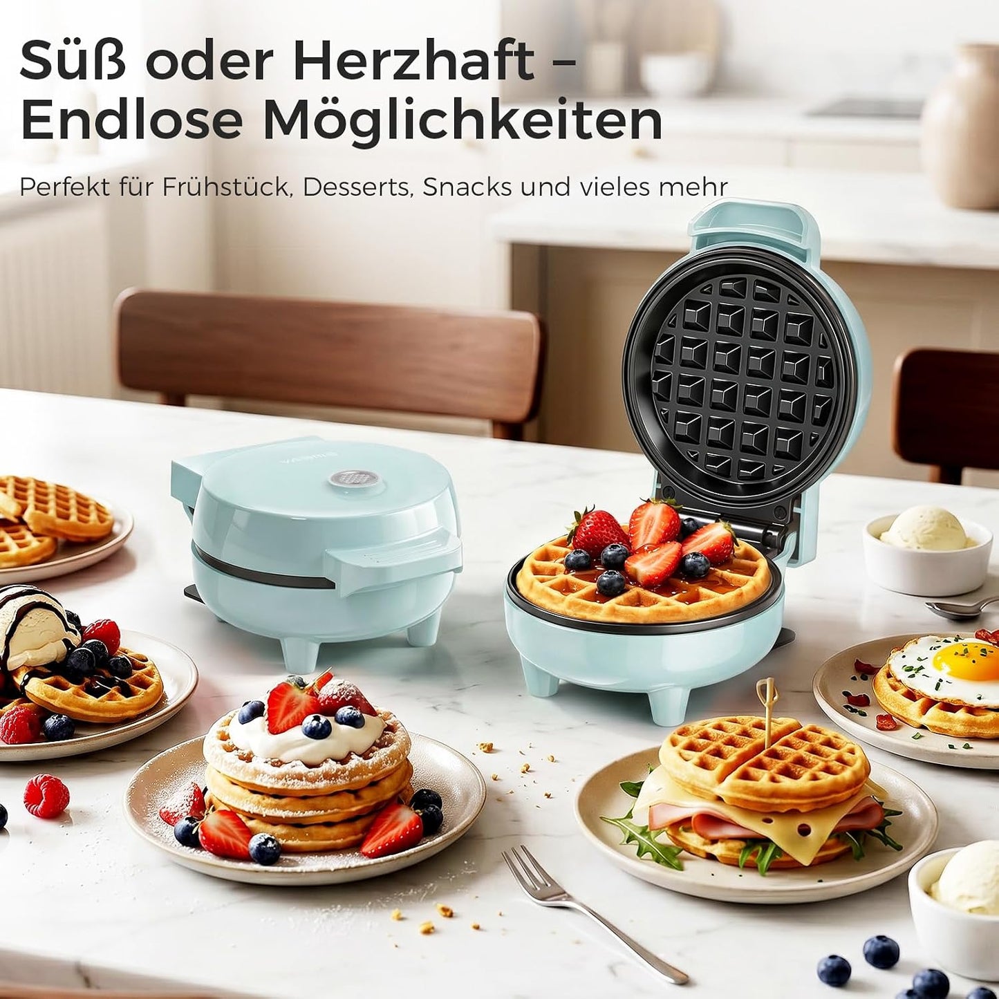 Mini Waffeleisen mit Antihaftbeschichtung, 550W, Blau