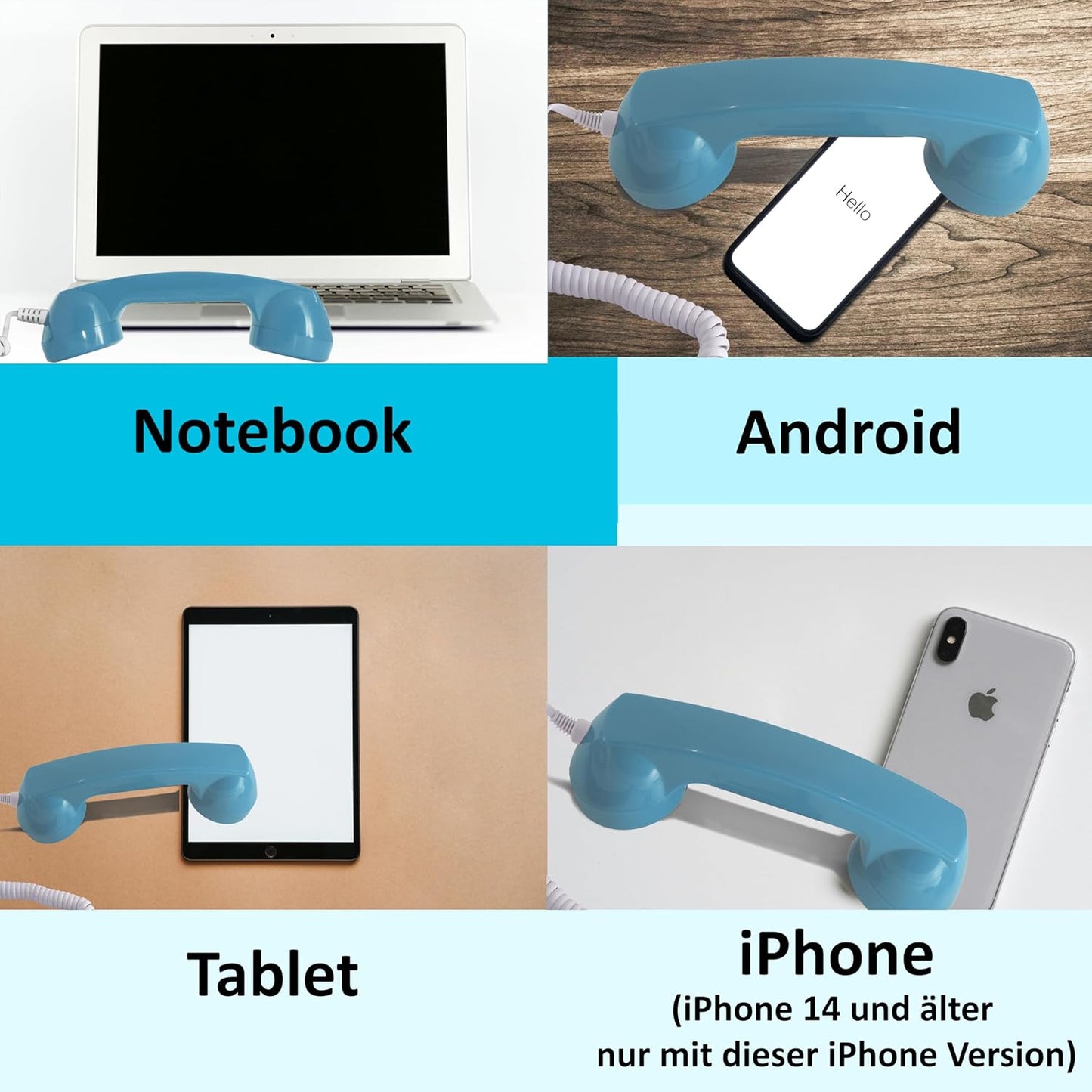 Retro Telefonhörer für iPhone mit Lightning-Anschluss, für iPhone mit Lightning Azur