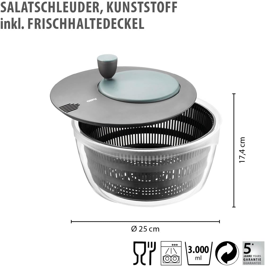 Salatschleuder mit Frischhaltedeckel 3L, 3l & Deckel Schwarz/Grau + Frischhaltedeckel