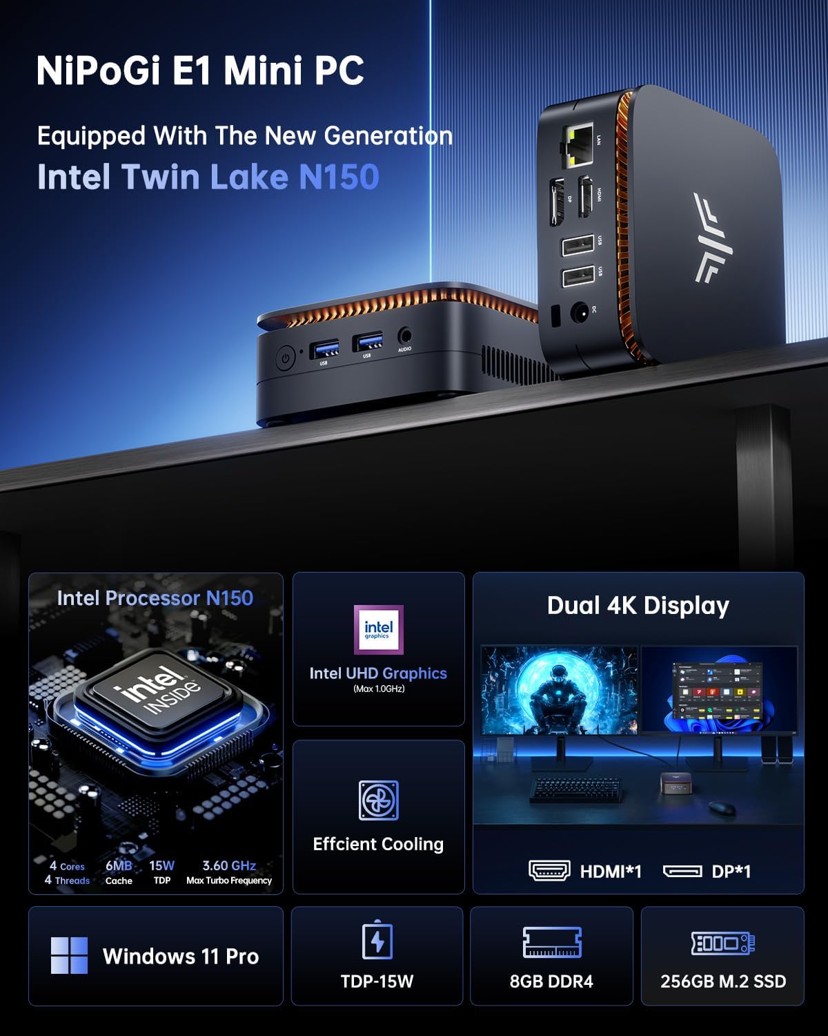 Mini PC Essenx E1 mit Dual Display 4K UHD, Ιntel Twin Lake Ν150/8GB 256GB