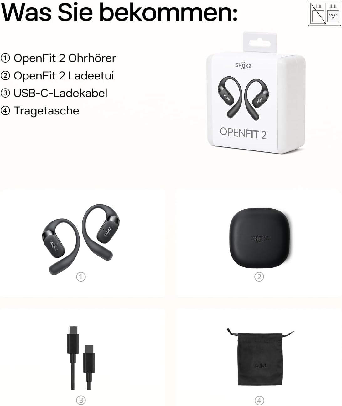 OpenFit 2 Open-Ear Bluetooth-Kopfhörer, Typ-C-Laden Schwarz