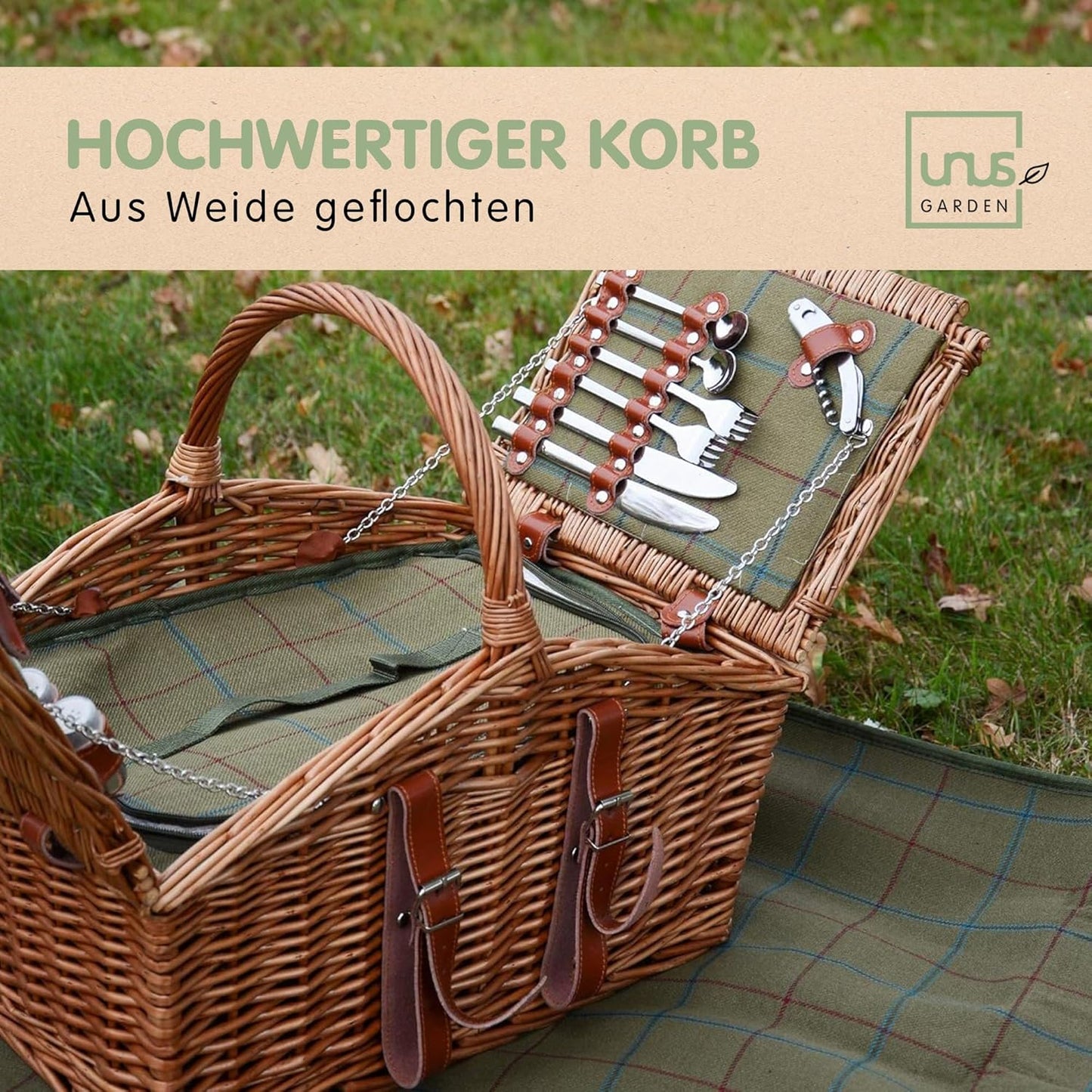 Picknick-Set für 2 Personen mit Kühltasche, Natur/Dunkelgrün